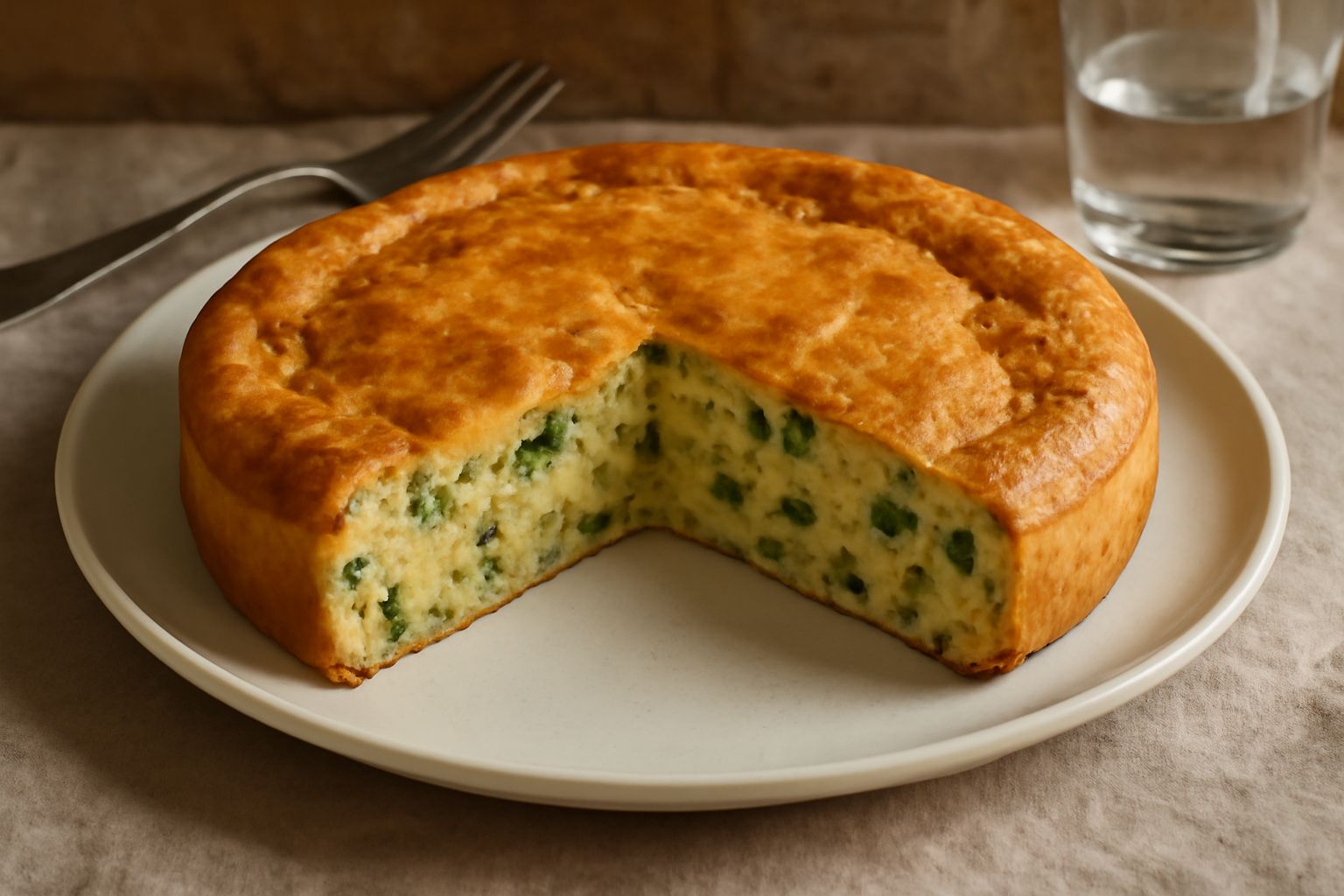 Torta Contadina tagliata a fette, superficie dorata e uniforme, verdure verdi e marroni visibili nella pasta, impiattata su un piatto bianco con contorno di insalata fresca
