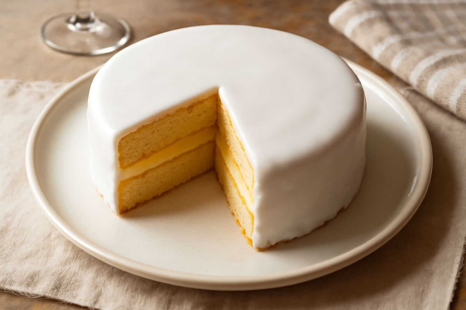 Torta Cremasca intera su piatto bianco, ricoperta di glassa bianca lucida, fetta tagliata che mostra l'interno con strati di pan di spagna dorato e crema pasticcera gialla crema, decorazione in polver