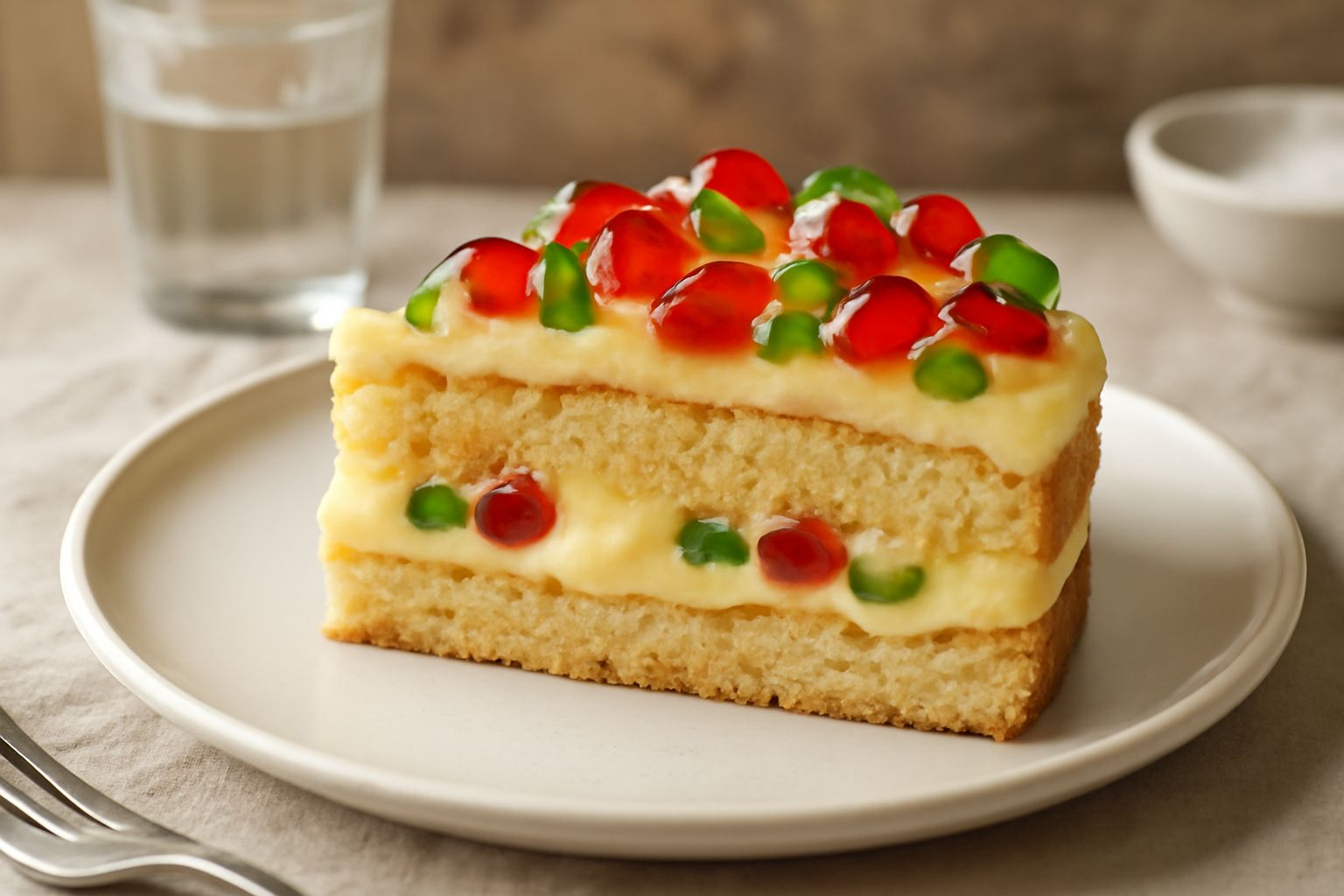 Torta Cremona a strati in piatto bianco: pan di spagna dorato, crema gialla densa, canditi rossi e verdi in superficie, porzione tagliata che mostra la stratificazione interna