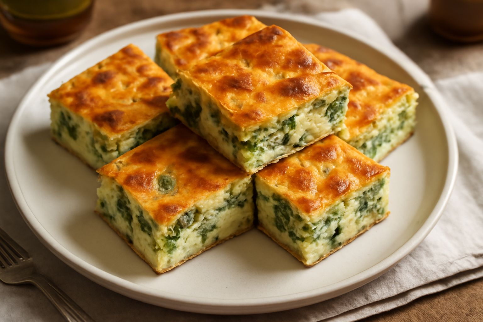 Una torta salata con broccoli verdi visibili, superficie dorata e uniforme, tagliata a fette su un piatto bianco, contorno di broccoli freschi crudi