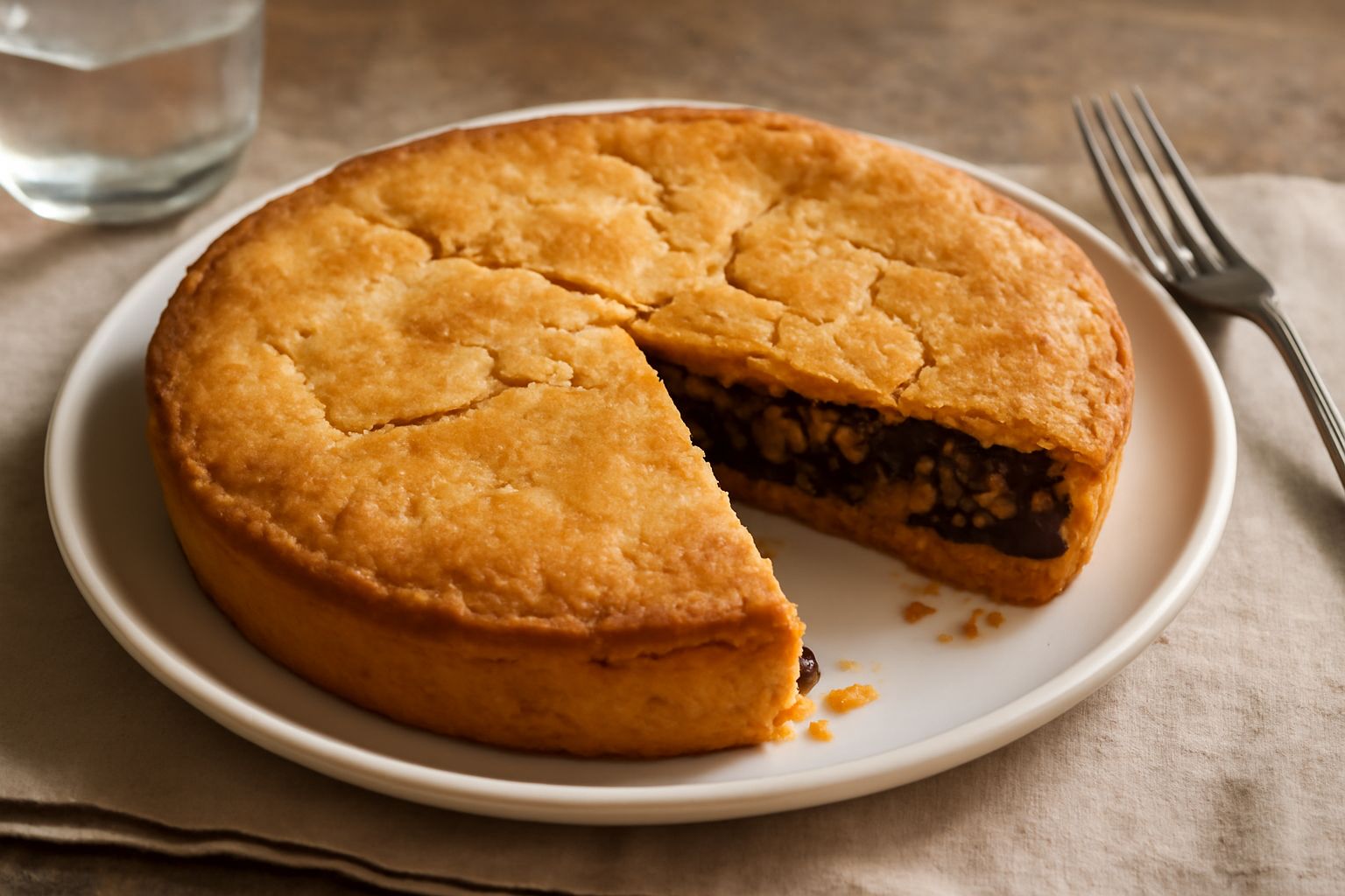 Torta d'Alessandria intera su piatto bianco, con sfoglia dorata e spaccature visibili che lasciano intravedere il ripieno scuro di miele e frutta secca, guarnita con mandorle intere in superficie