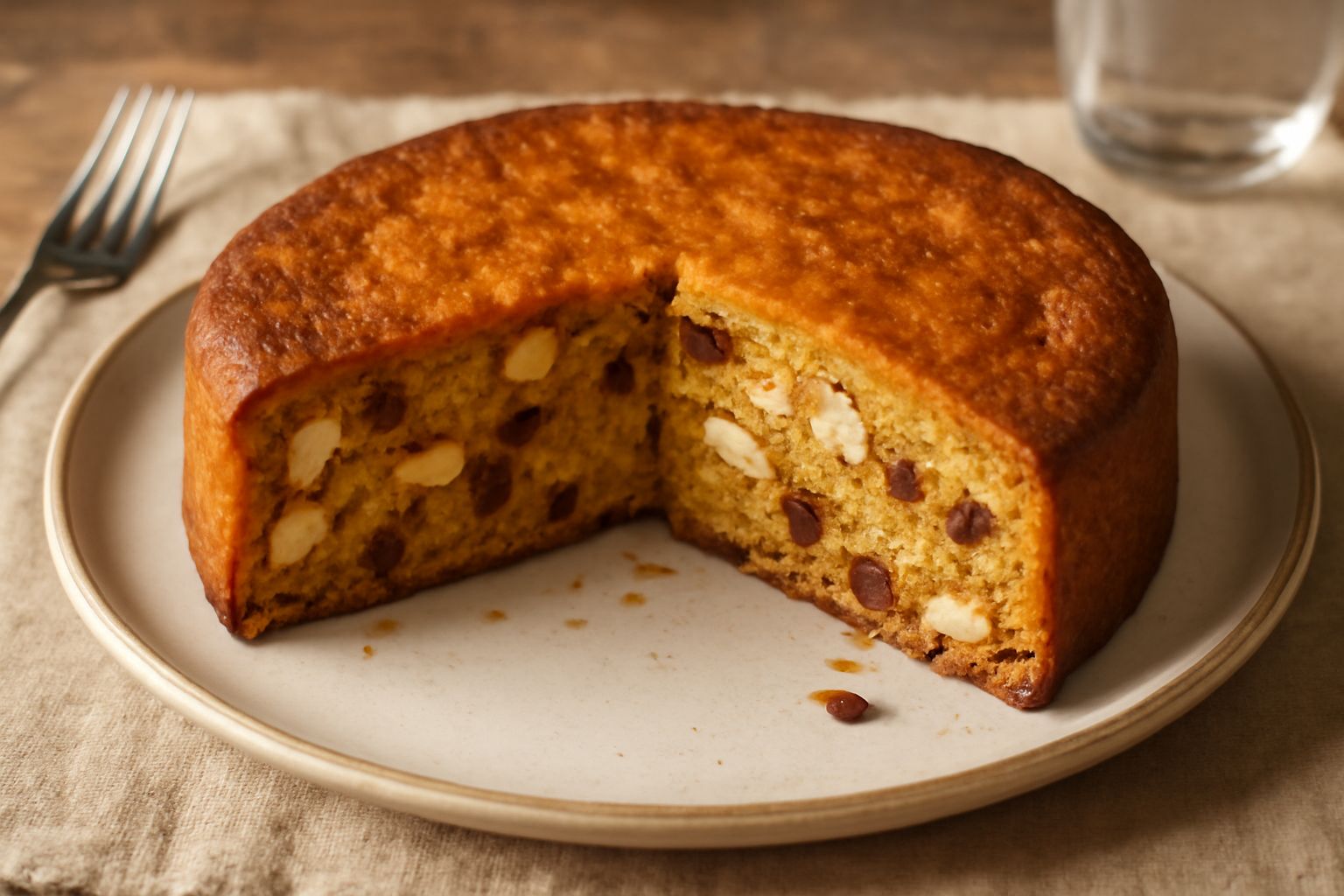 Torta d'Arezzo affettata su un piatto bianco, sezione dorata e compatta visibile con mandorle, uvetta e pezzi di frutta candita distribuiti uniformemente, superficie leggermente croccante in cima, con