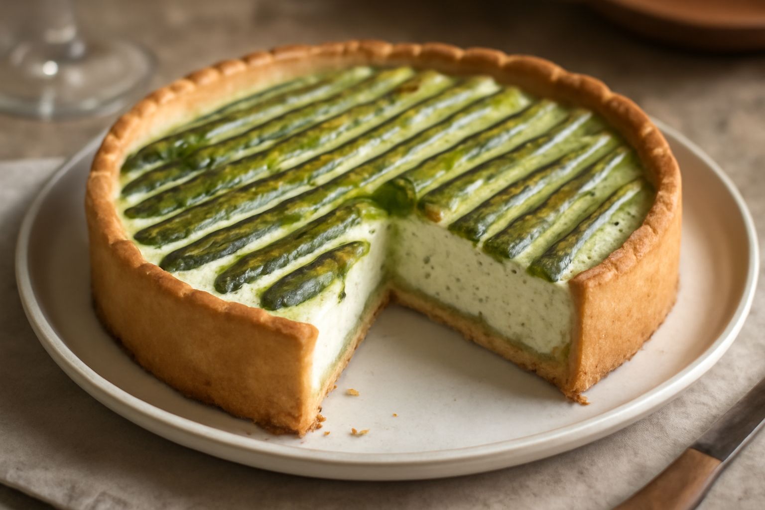 Torta d'asparagi fredda affettata in uno piatto bianco, con fette dorate e verdi, asparagi interi posizionati sulla superficie, condimento di parmigiano grattugiato, fondo di marmo bianco con foglie d