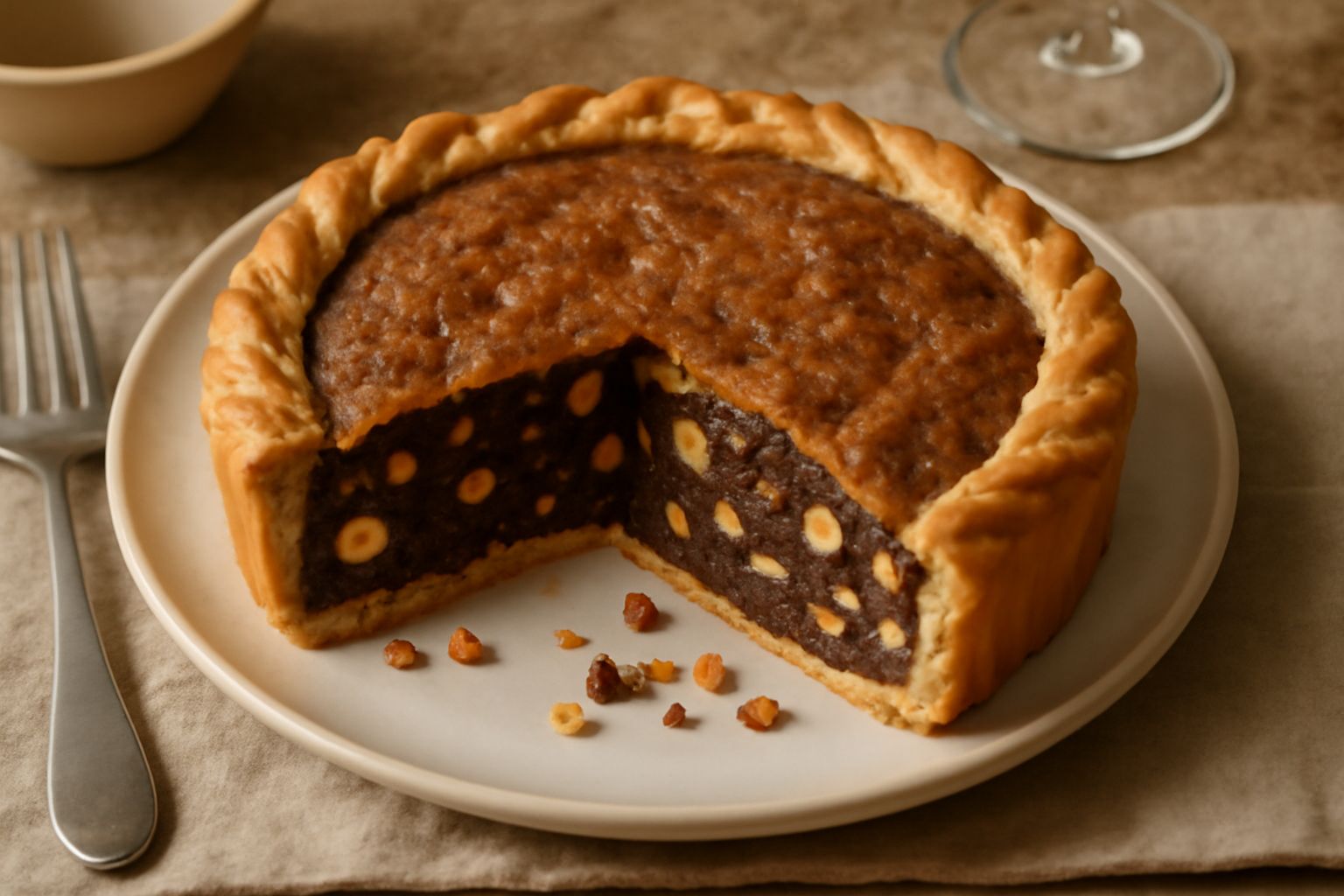 Torta d'Asti intera, sezione centrale ritagliata e visibile, crosta dorata scanalata, interno marrone con frutta secca visibile, polvere di zucchero, posata su piatto bianco
