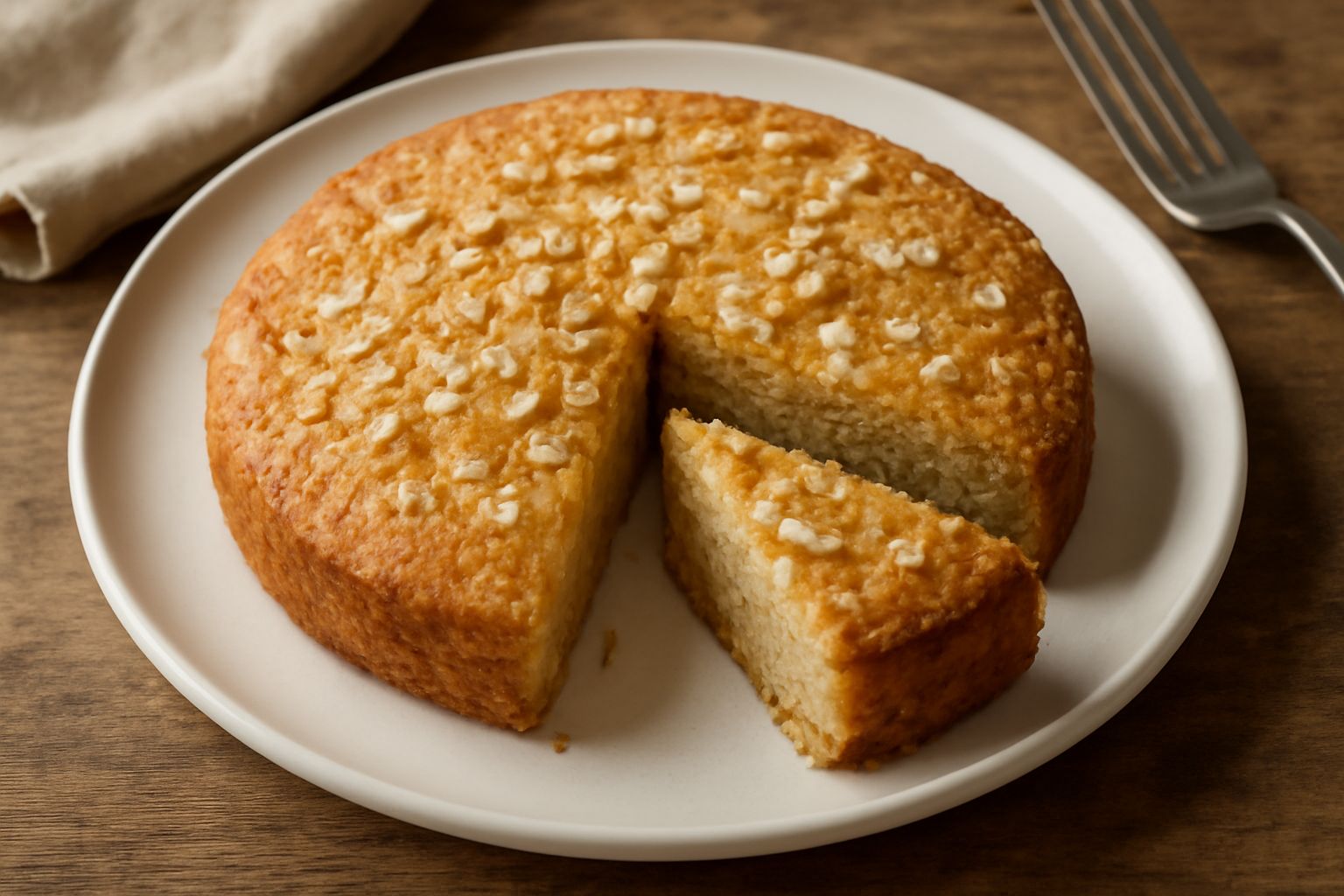 Torta d'avena tagliata a fette in un piatto bianco, con superficie dorata e leggermente screpolata, briciole di avena visibili sulla parte superiore, sfondo beige naturale
