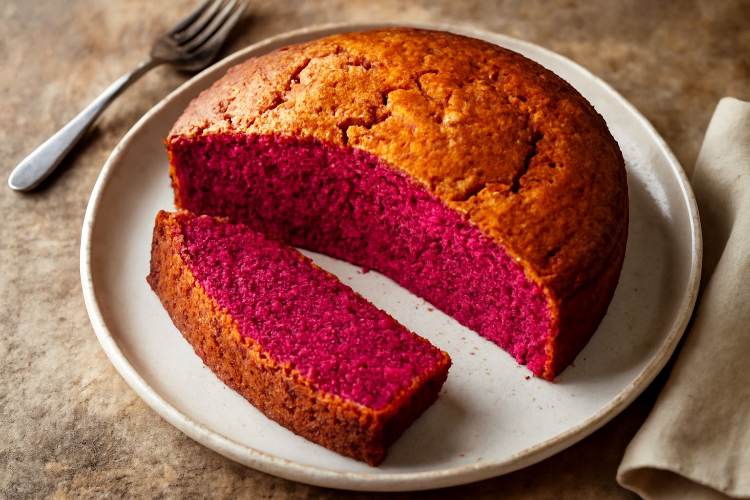 Torta di barbabietole affettata su piatto bianco, colore interno rosa intenso uniforme, superficie superiore dorata, con una fetta di barbabietola candita sulla cima