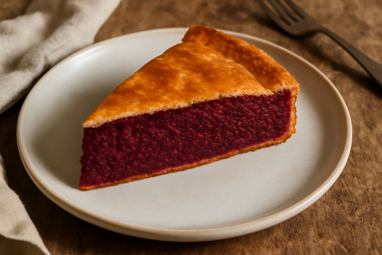 Torta di bietole intera su piatto di ceramica bianca, sezione interna color rossastro intenso, superficie liscia, guarnizione di zucchero a velo, sfondo cucina naturale con luce diffusa