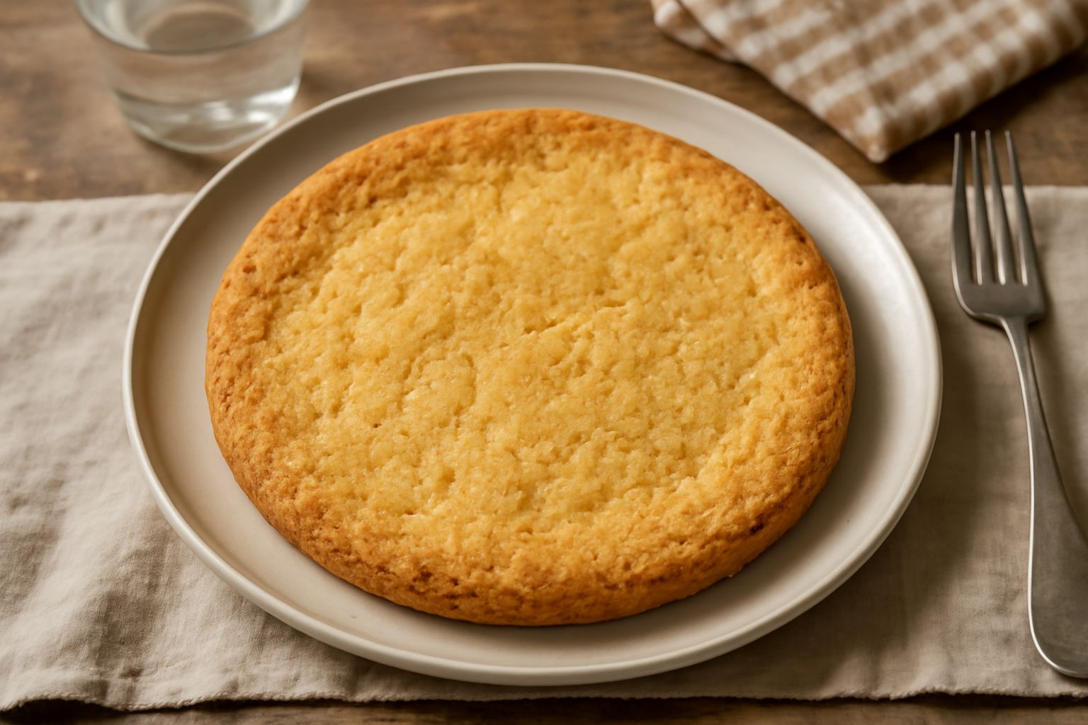 Torta d'brisa dorata e croccante in uno stampo da crostata, con una leggera doratura superficiale, circondata da pezzi di burro freddo e chicchi di zucchero semolato.