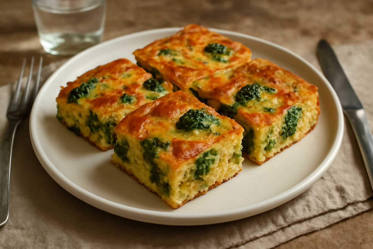 Torta di broccoli dorata tagliata a fette quadrate, broccoli verdi visibili nell'impasto, superficie leggermente gonfia e croccante, su piatto bianco con contorno di verdure fresche