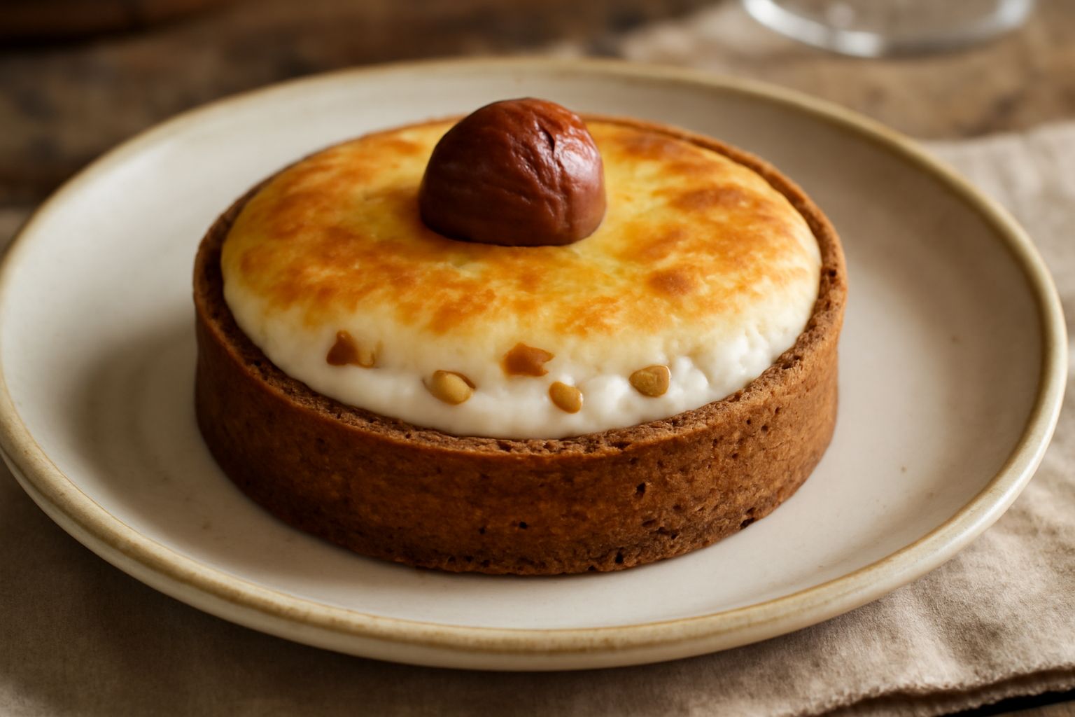 Torta di castagne e formaggio con base di pasta frolla color nocciola, ripieno bianco cremoso, castagne candite decorate in cima e cacao in polvere spolverato