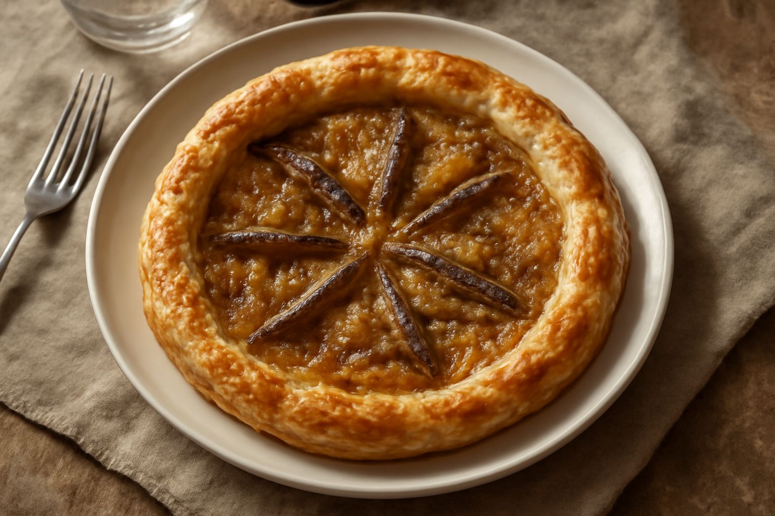 Torta di cipolle e acciughe dorata e croccante su piatto bianco, tagliata in fette, con filetti di acciuga visibili tra gli strati di cipolla caramellata color ambra.