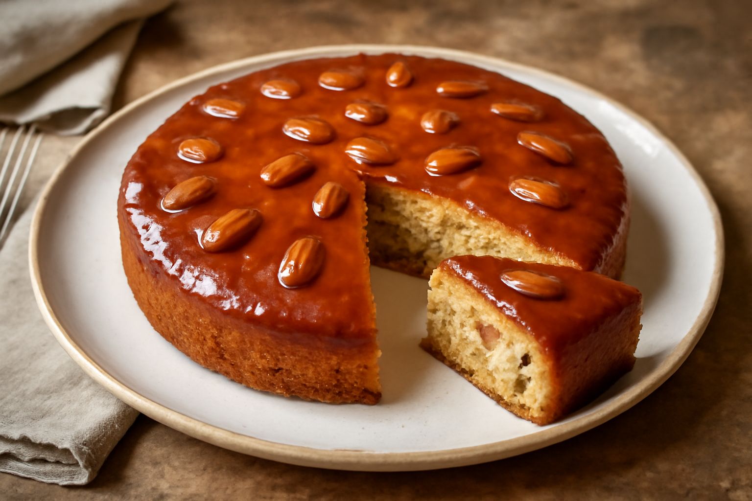 Torta degli Estensi intera su piatto bianco, con superficie dorata e glassata, mandorle tostate in superficie, tagliata a fette che mostrano la miga morbida con i canditi d'arancia visibili all'intern