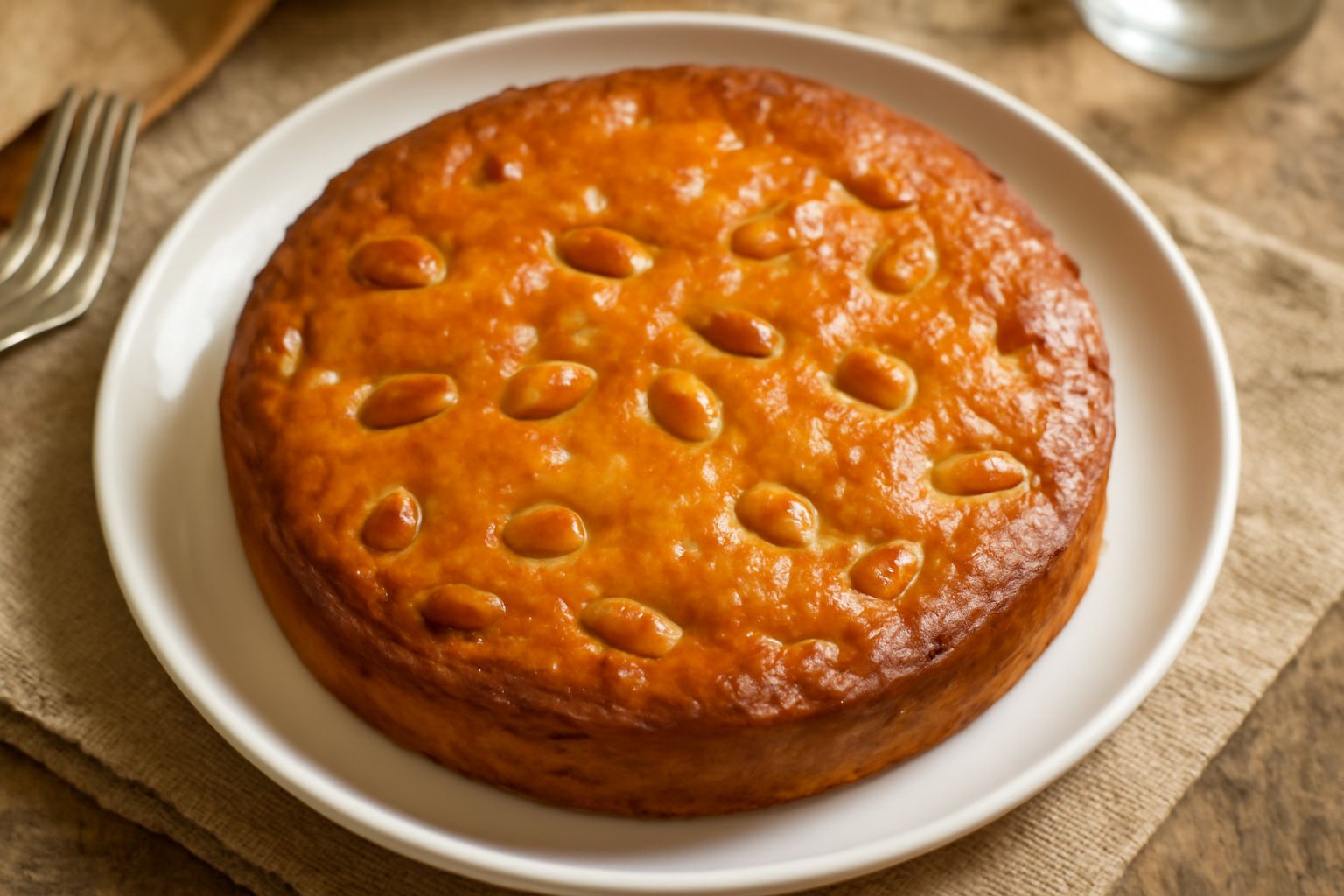 Una fetta di torta dei dogi con crosta dorata, impasto color ambra punteggiato di uvetta scura e mandorle, servita su piatto bianco con una tazza di caffè sullo sfondo