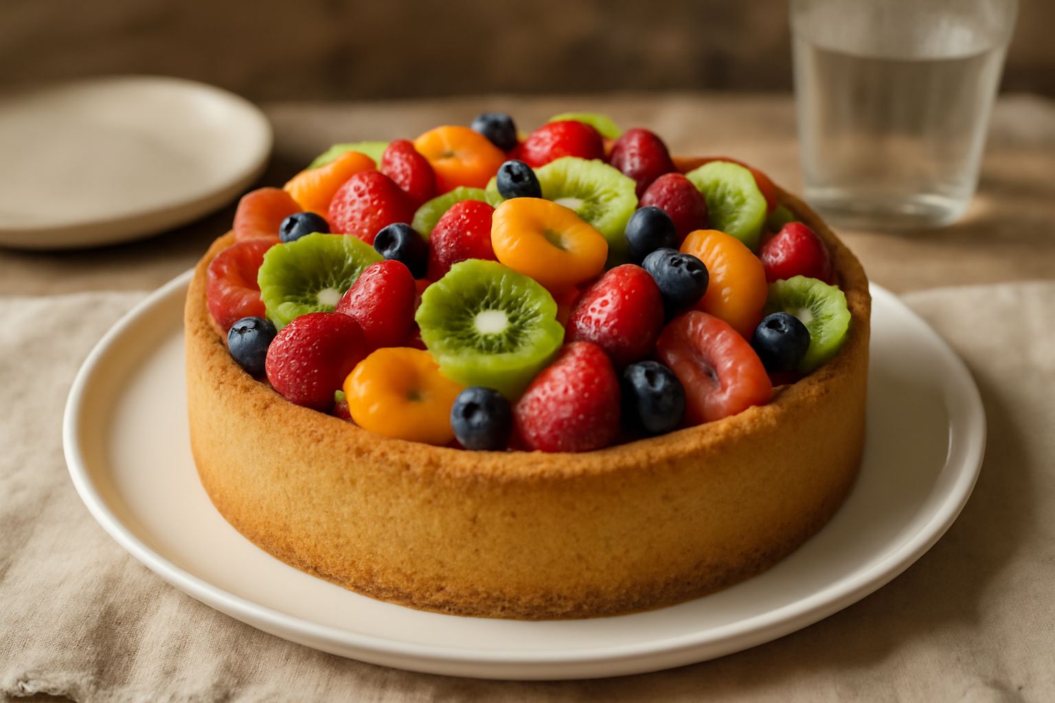 Torta tonda decorata con frutta fresca variopinta: fragole rosse, kiwi verde, albicocche arancioni, mirtilli blu e banana gialla su crema bianca, bordo di pasta friabile visibile, servita su piatto bi