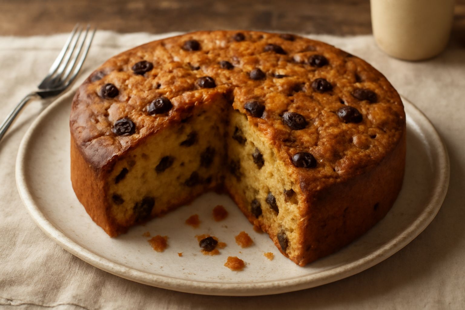 Torta dei Santi intera su un piatto bianco, a fette, con superficie dorata e visibili pezzi di frutta candita e uvetta nera, contorno di foglie secche autunnali