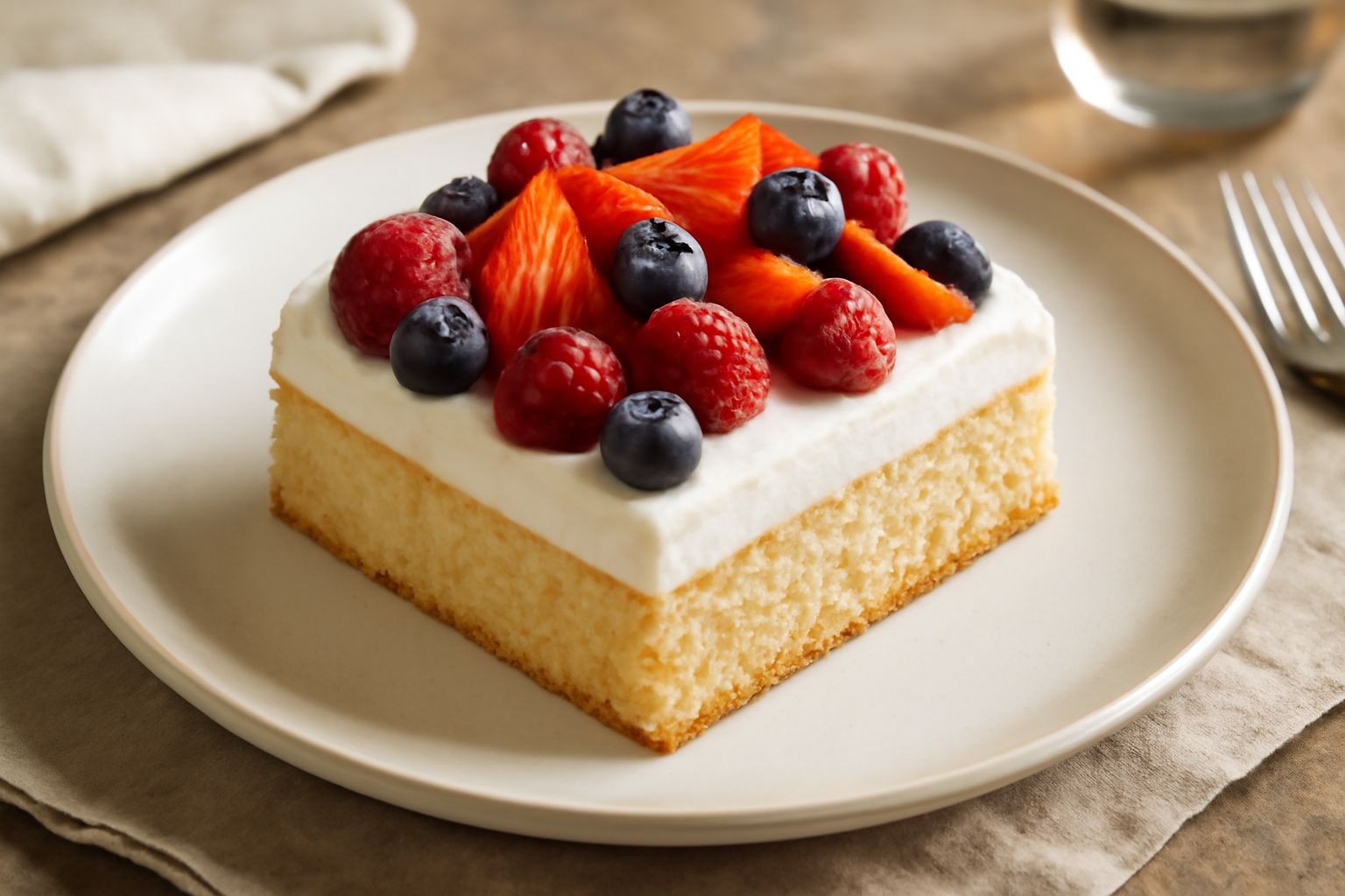 Torta dei tre strati affettata: pan di spagna color oro con alveoli regolari, strato medio di crema bianca panna, strato superiore di fragole rosse e frutti di bosco su glassa lucida, posata su piatto