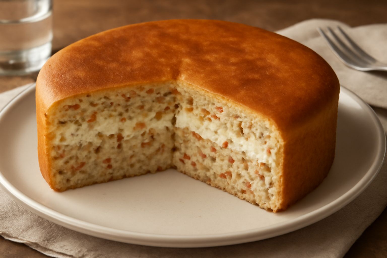 Una fetta di Torta del Grano a forma di cuneo, con superficie dorata e liscia, visibili frammenti di grano giallastro all'interno, ricotta cremosa e pezzetti di frutta candita rosa e verde. Il dolce r
