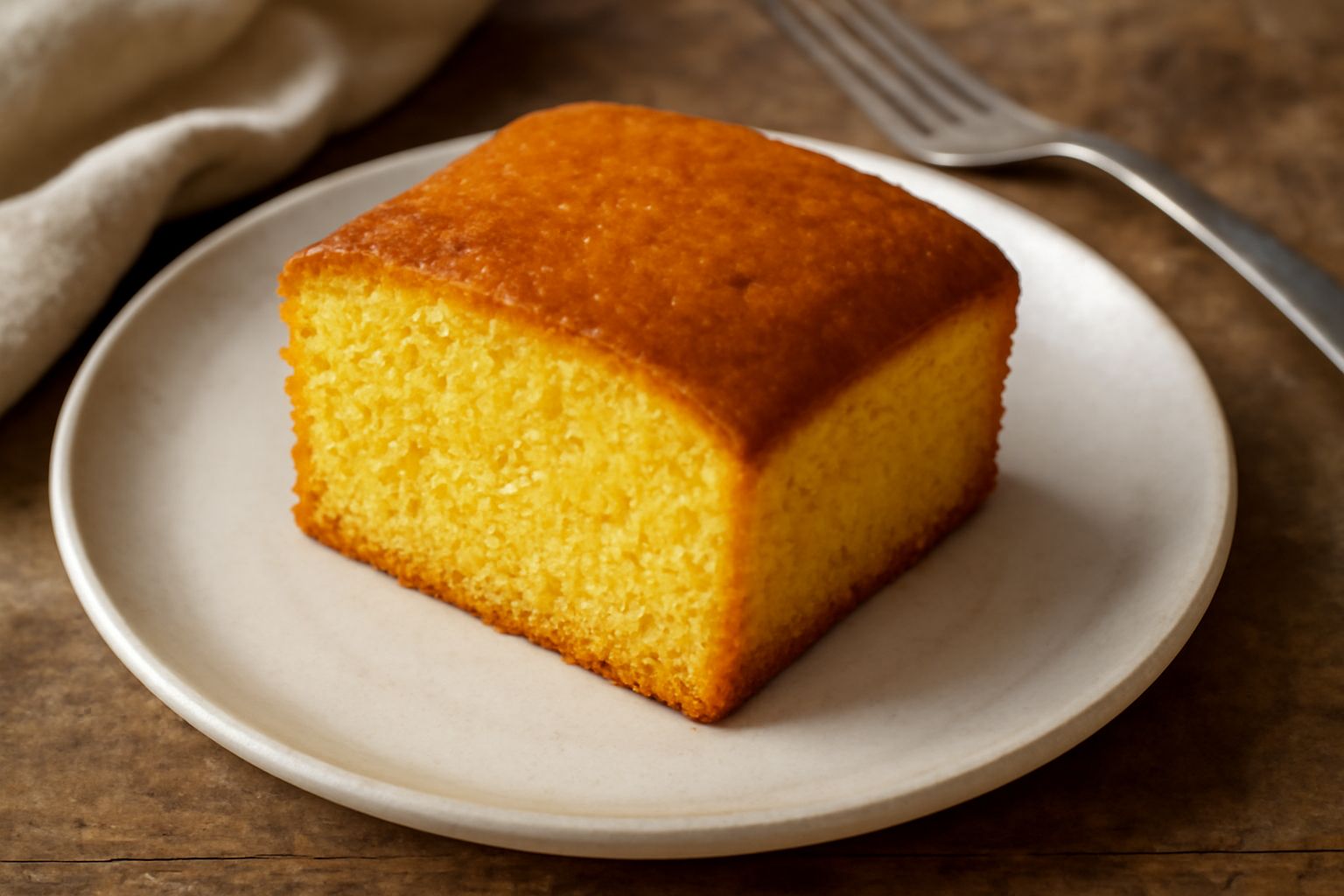 Torta del Lazio appena sfornata, a fetta, color giallo paglierino intenso, con superficie dorata e leggermente screpolata, poggiata su un piatto bianco, accanto una tazza di caffè