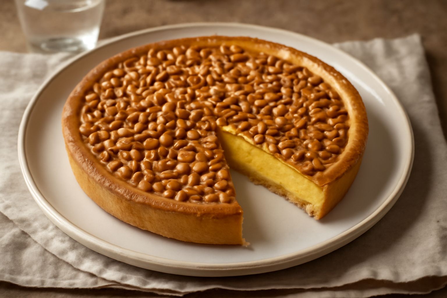 Torta del Nonno intera in teglia con pasta frolla dorata ai bordi, crema gialla visibile in sezione, pinoli tostati sparsi sulla superficie, su piano di marmo bianco con coltello da torta accanto