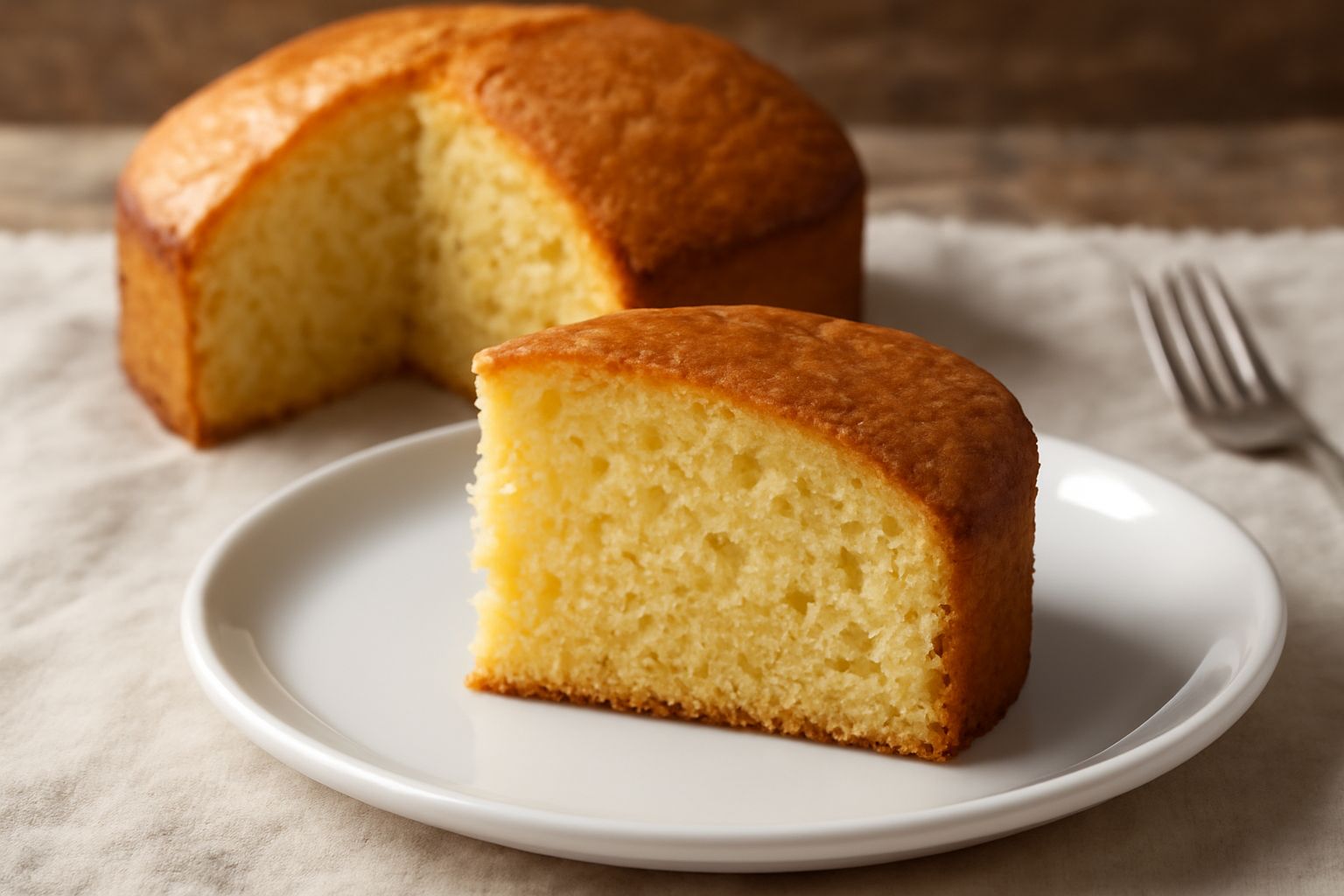 Torta della maestra affettata su piatto bianco, fette dorate di consistenza soffice e omogenea, polverizzata di zucchero a velo, con crema pasticcera leggera visibile tra gli strati