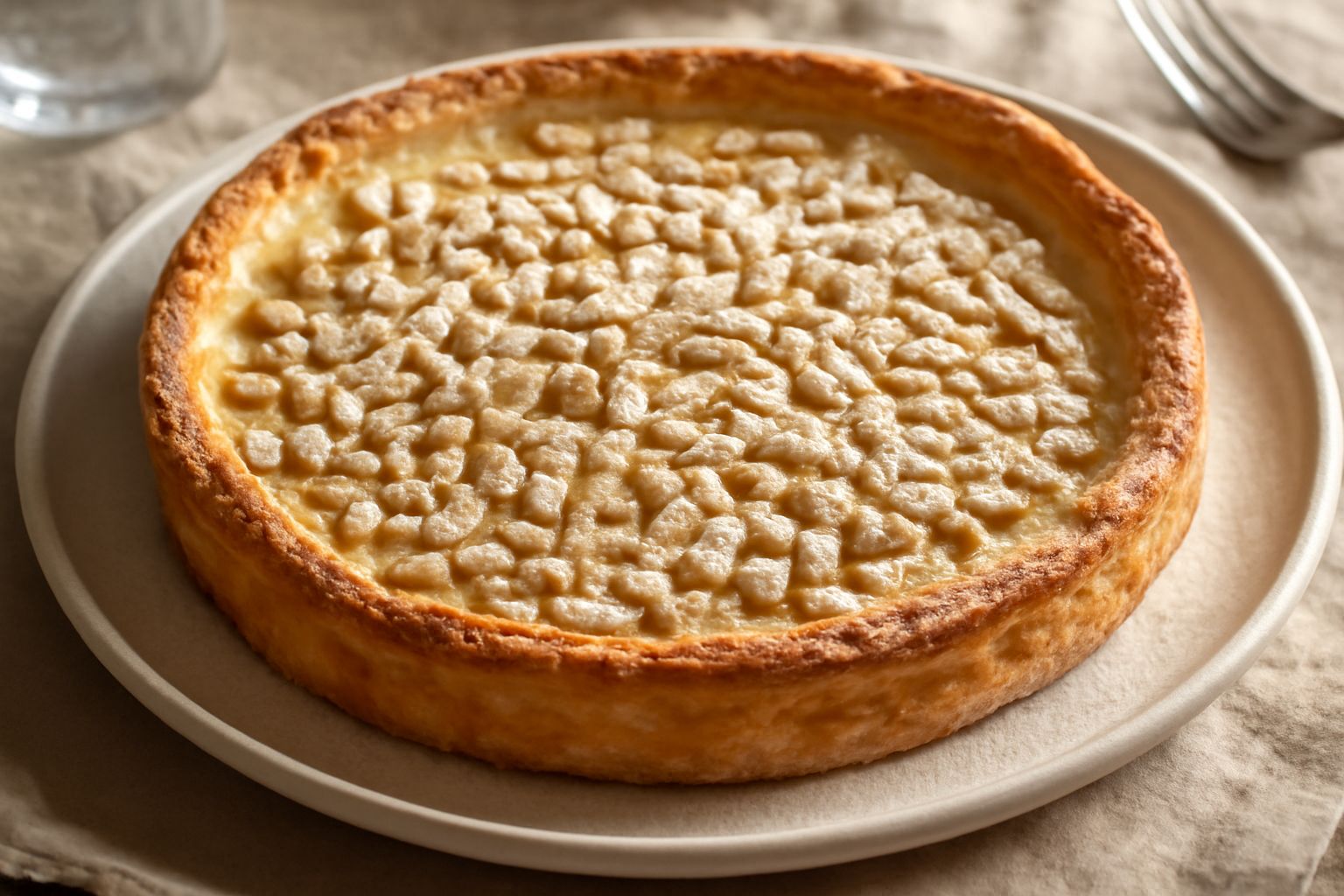 Torta della nonna in uno stampo rotondo con bordi di pasta sfoglia dorata, superficie ricoperta di pinoli interi tostati e spolverata di zucchero a velo, seduta su un piatto bianco