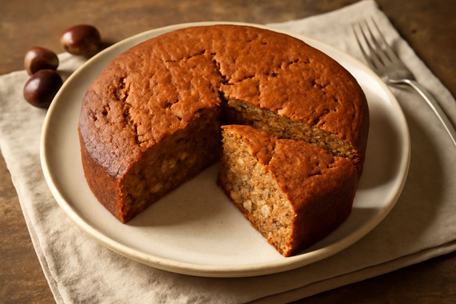 Torta delle castagne piemontese affettata su piatto bianco, colore dorato-marrone, interno morbido con pezzi visibili di castagne, superficie liscia leggermente polverizzata di zucchero a velo, cannel