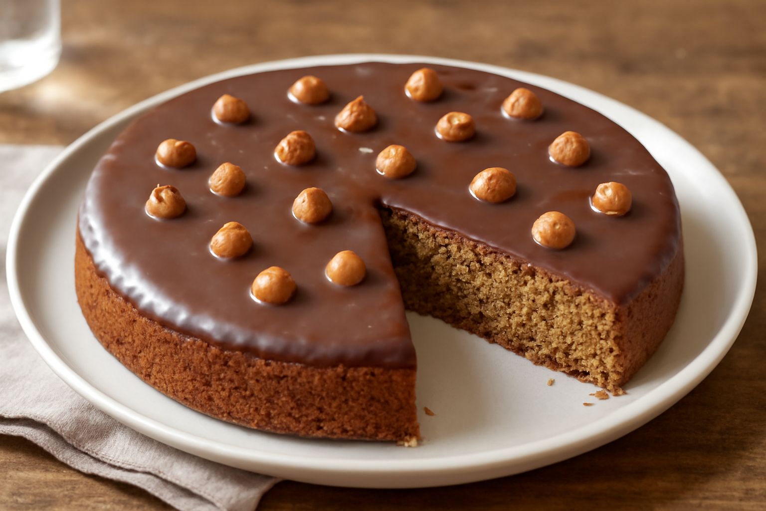 Torta rotonda delle nocciole con glassa marrone chiaro, nocciole tostate intere sparse sulla superficie, tagliata a spicchi che mostrano l'interno giallo-marrone e soffice, servita su piatto bianco di