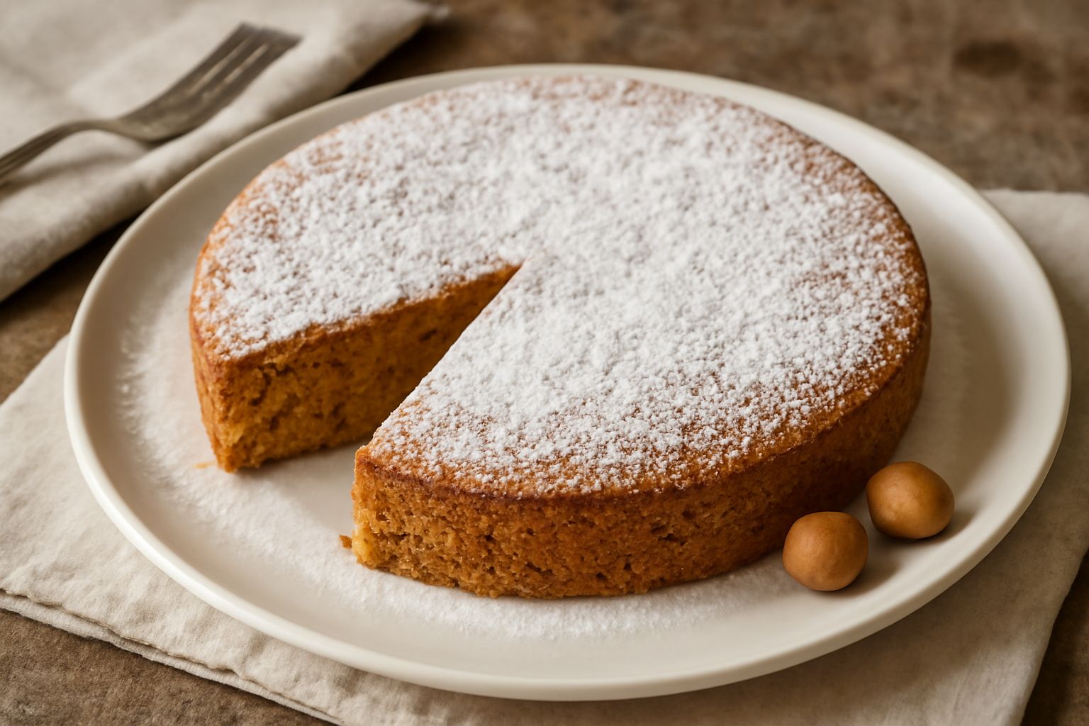 Torta delle nocciole piemontese affettata su piatto bianco, sezione compatta e dorata, colore nocciola uniforme, spolvero di zucchero a velo sulla superficie, taglio netto che mostra la micrunta soffi