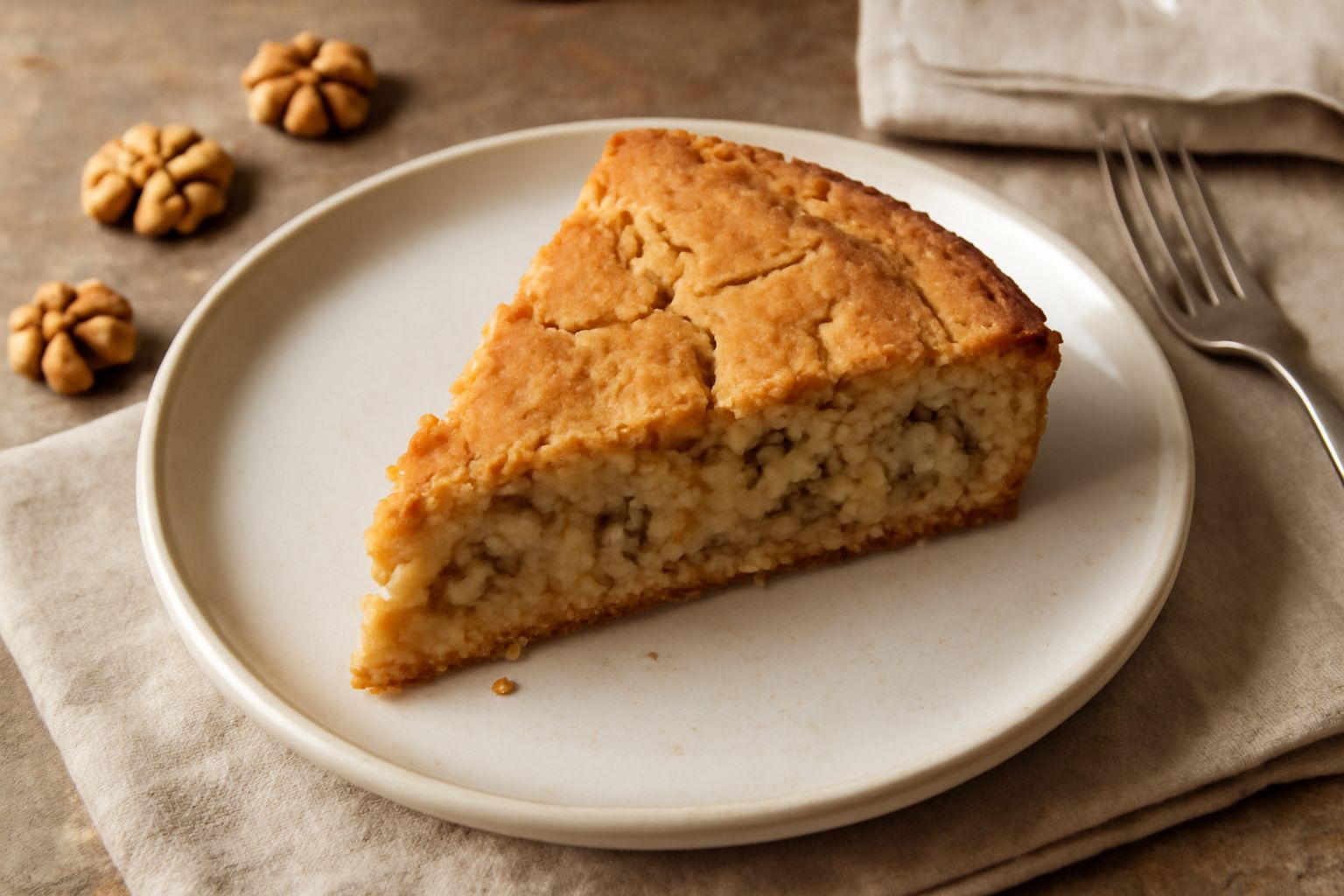 Torta delle noci piemontese intera su piatto bianco, con superficie dorata e screpolata, tagliata a spicchi, mostrando l'interno friabile color nocciola con pezzi di noci visibili, noci sgusciate acca