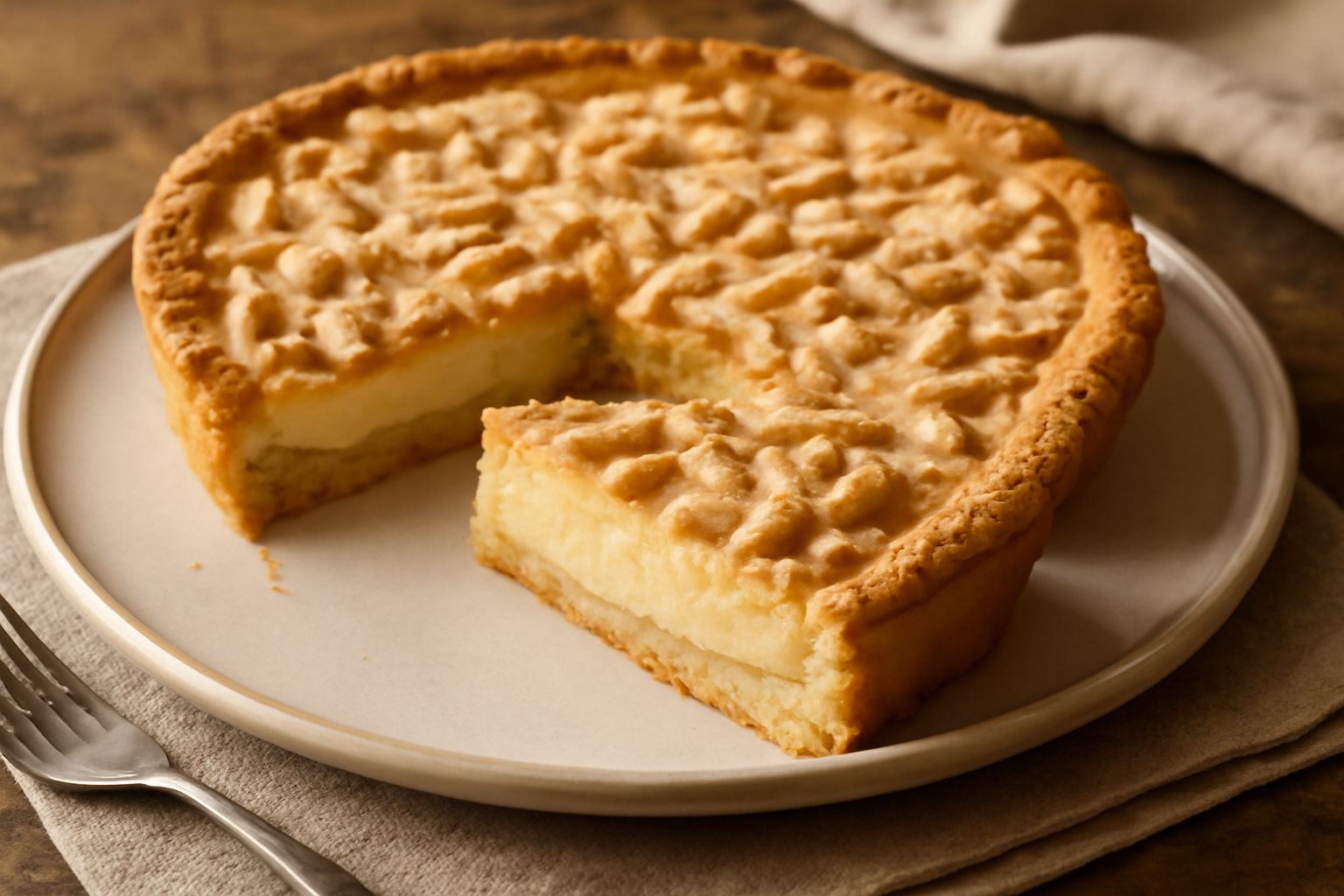 Torta delle nonne intera in teglia rotonda con pasta frolla dorata, visibili i pinoli sparsi sulla superficie della crema gialla, tagliata con due fette sul piatto bianco accanto