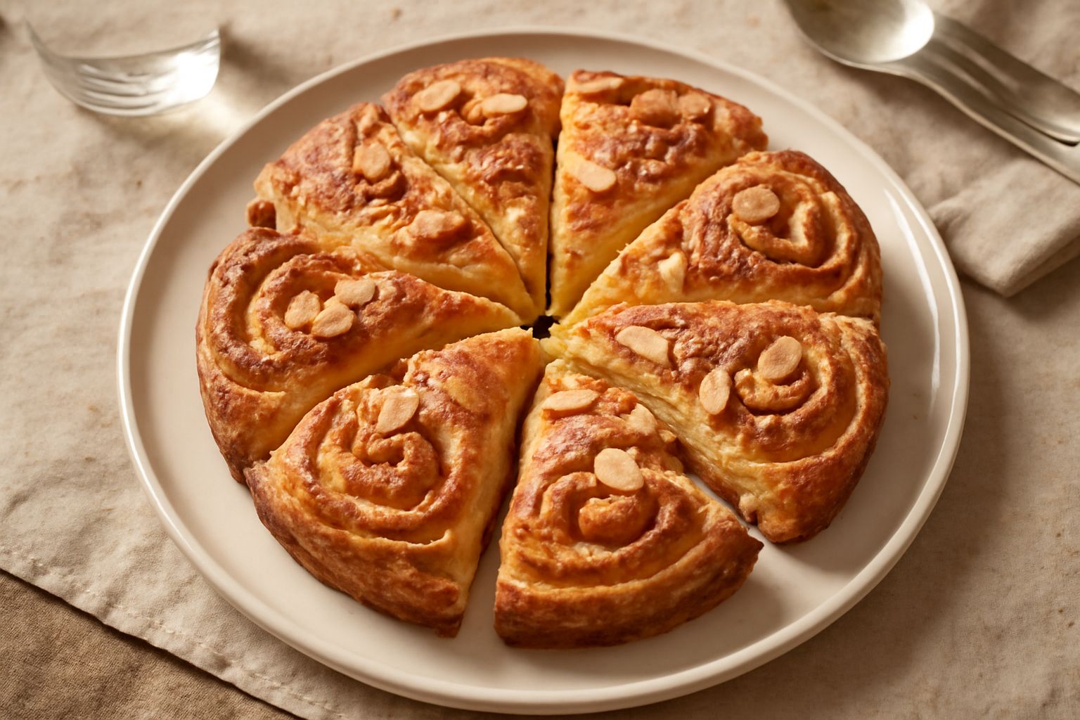 Torta delle rose dorata in teglia rotonda, tagliata in spicchi a forma di spirale, ricoperta di zucchero semolato bianco e scaglie di mandorle tostare, servita su un piatto bianco con caffè in sottofo