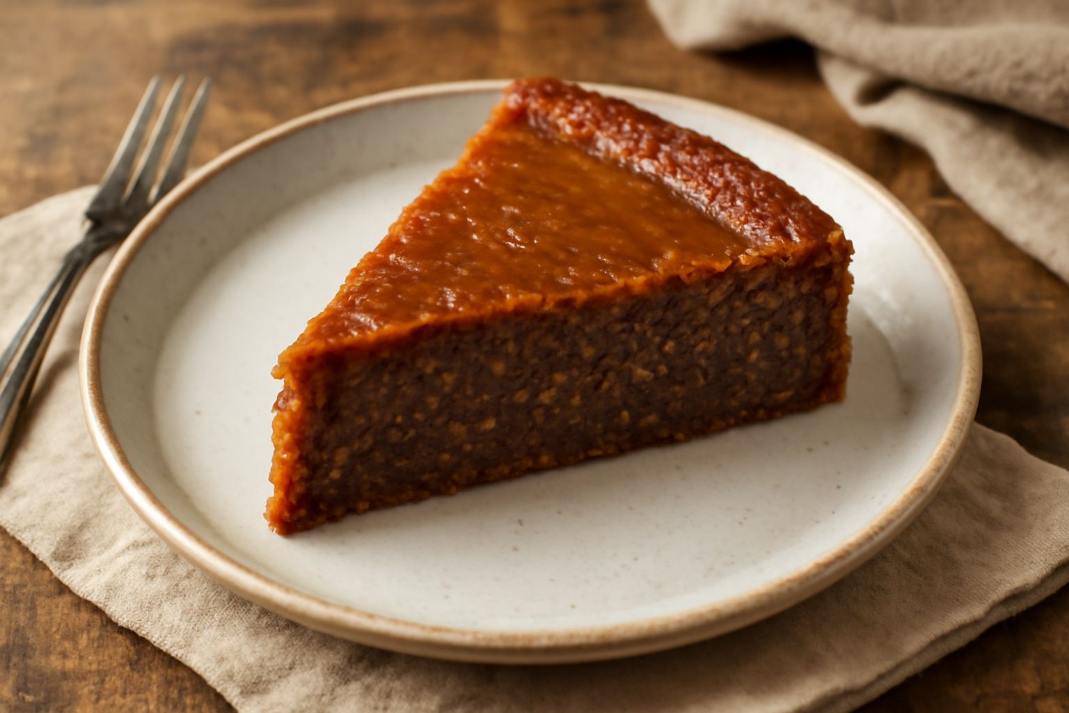 Fetta di torta dello speziale dorata e densa su piatto bianco, con superficie uniforme, guarnita da polvere di cannella e una mezza noce accanto