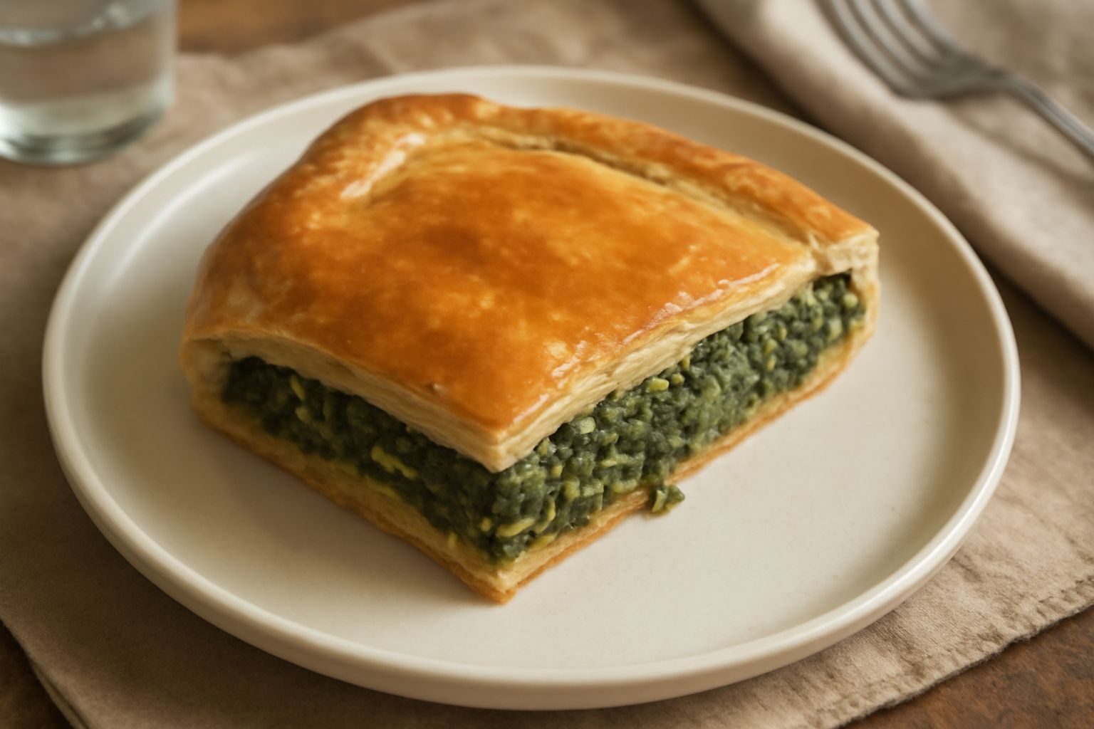 Torta d'erbaggi quadrata su piatto bianco, sezione visibile con strati di impasto dorato e ripieno verde di spinaci e verdure, superficie leggermente croccante, contornata da insalata verde