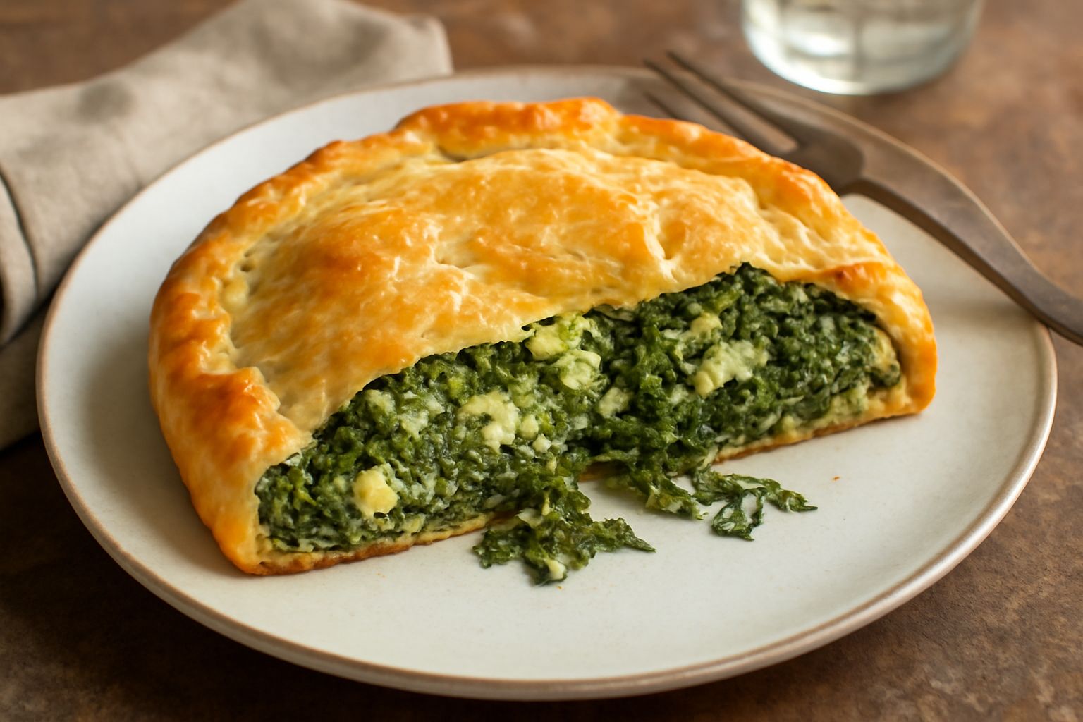 Una torta d'erbaggi ripiena appena sfornata, dorata in superficie, tagliata in spicchi che mostrano il ripieno verde e bianco di verdure e ricotta, servita su un piatto bianco con contorno di insalata