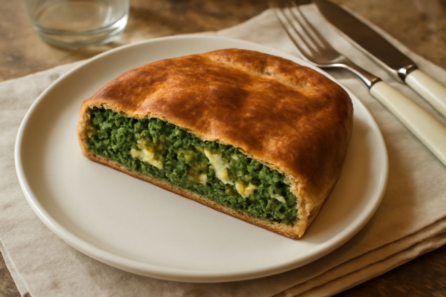 Torta erbazzone piemontese affettata in vassoi bianchi, crosta dorata, interno verde con verdure visibili, guarnizione di ricotta bianca e formaggio grattugiato
