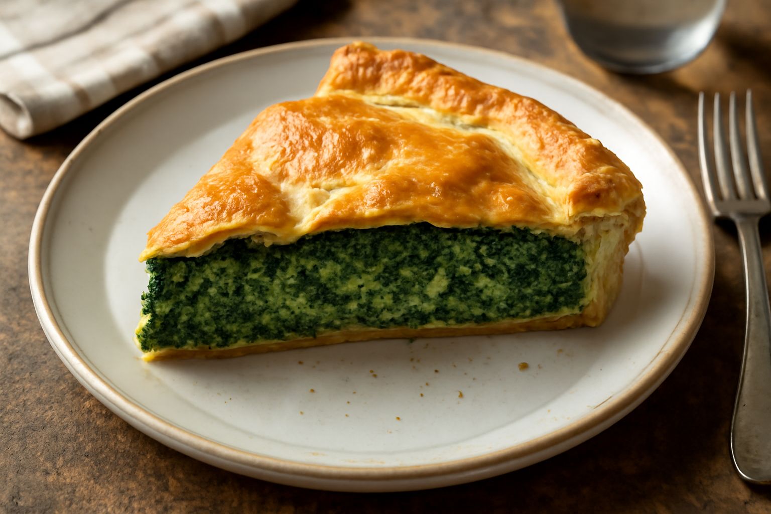 Torta d'erbe selvatiche tagliata in spicchi, pasta dorata e friabile, ripieno verde scuro e cremoso con ricotta, servita su piatto bianco con contorno di insalata fresca