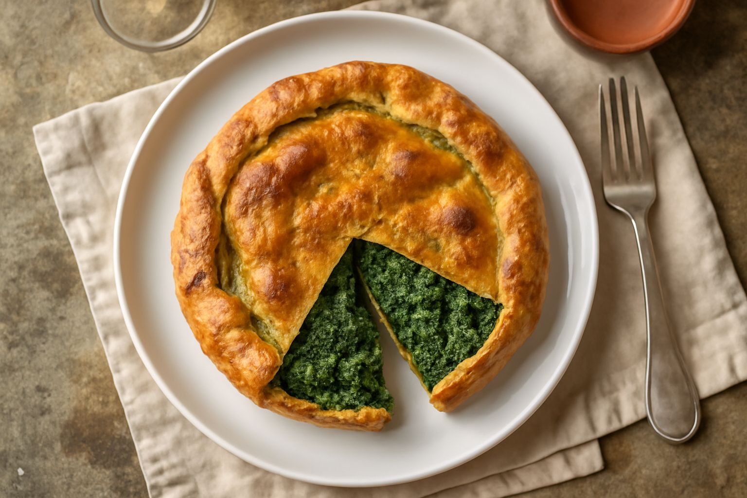 Torta d'erbe intera su piatto bianco, con superficie dorata e croccante, tagliata a fette che mostrano il ripieno verde di verdure e ricotta all'interno