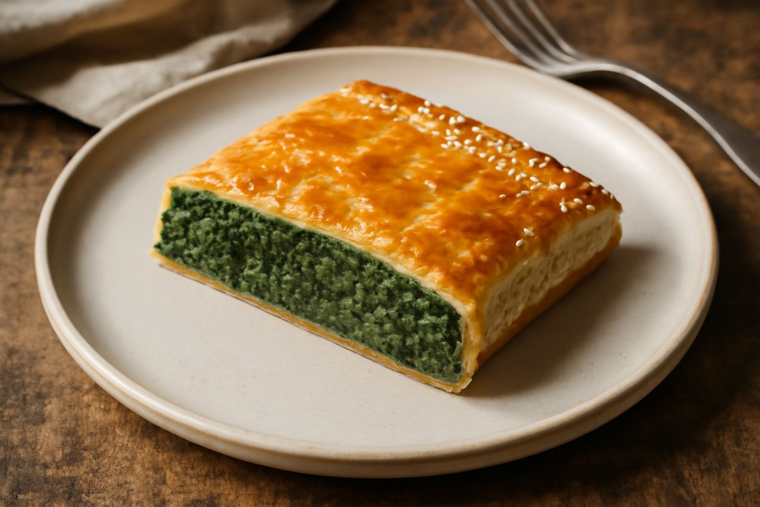 Torta d'erbette appena sfornata con sfoglia dorata e croccante, tagliata a spicchi, con il ripieno verde scuro visibile al taglio, servita in piatto bianco con contorno di verde delle erbette