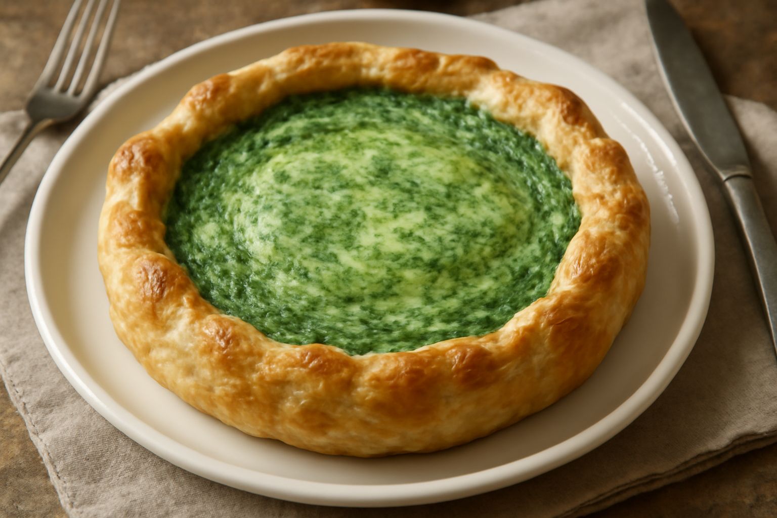 Torta d'erbette e ricotta tagliata a fette, pasta sfoglia dorata e croccante, interno cremoso verde delle erbette e ricotta bianca, servita su piatto bianco