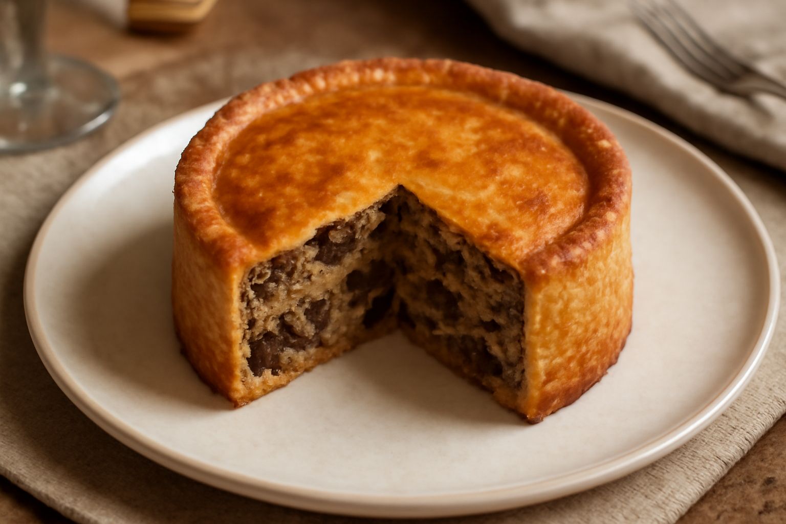 Torta di funghi porcini intera e affettata, crosta dorata, ripieno marrone dei funghi con crepa nella sezione, servita su piatto bianco