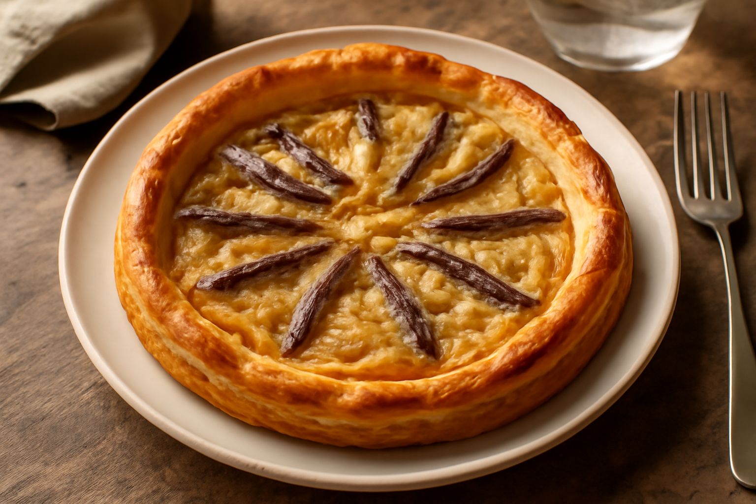 Torta di acciuga e cipolla tagliata a fette, con pasta sfoglia dorata e croccante, cipolla caramellata visibile all interno e filetti di acciuga disposti in superfice, servita in piatto bianco