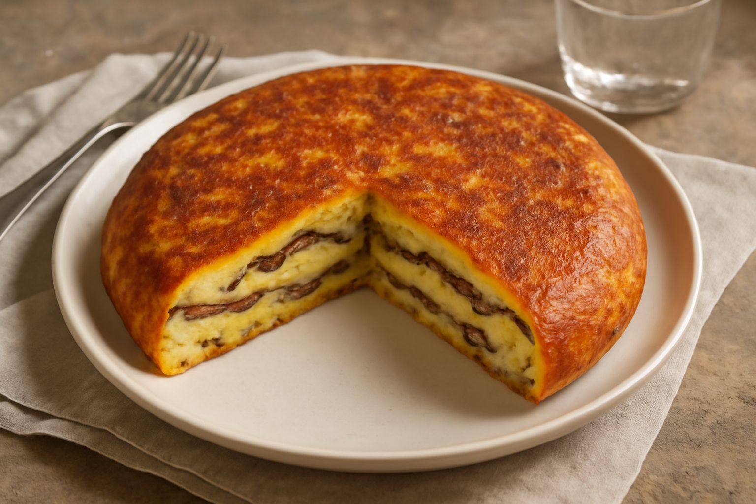 Torta di acciughe e patate tagliata a fette, dorata in superficie, servita in piatto bianco con contorno di verdure fresche verdi