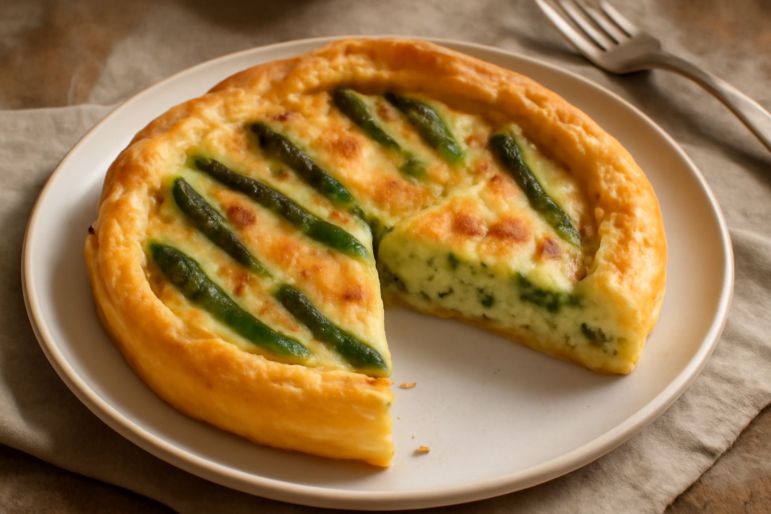 Torta di asparagi intera in pirofila, dorata sulla superficie, gli asparagi verdi visibili accanto ai contorni dorati di uova e formaggio, affettata in quattro spicchi, servita su piatto bianco