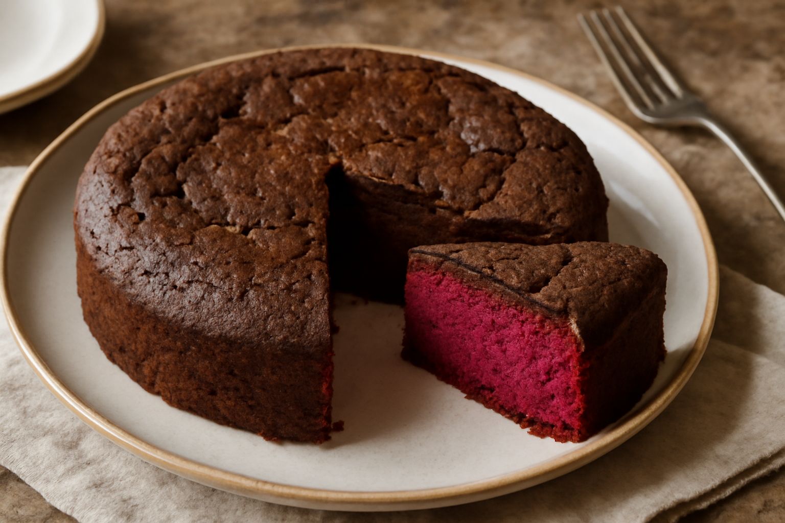 Torta di barbabietola intera su piatto bianco, superficie marrone scuro irregolare, fetta tagliata che mostra l'interno rosa intenso uniforme, guarnizione di polvere di cacao e qualche foglia di menta