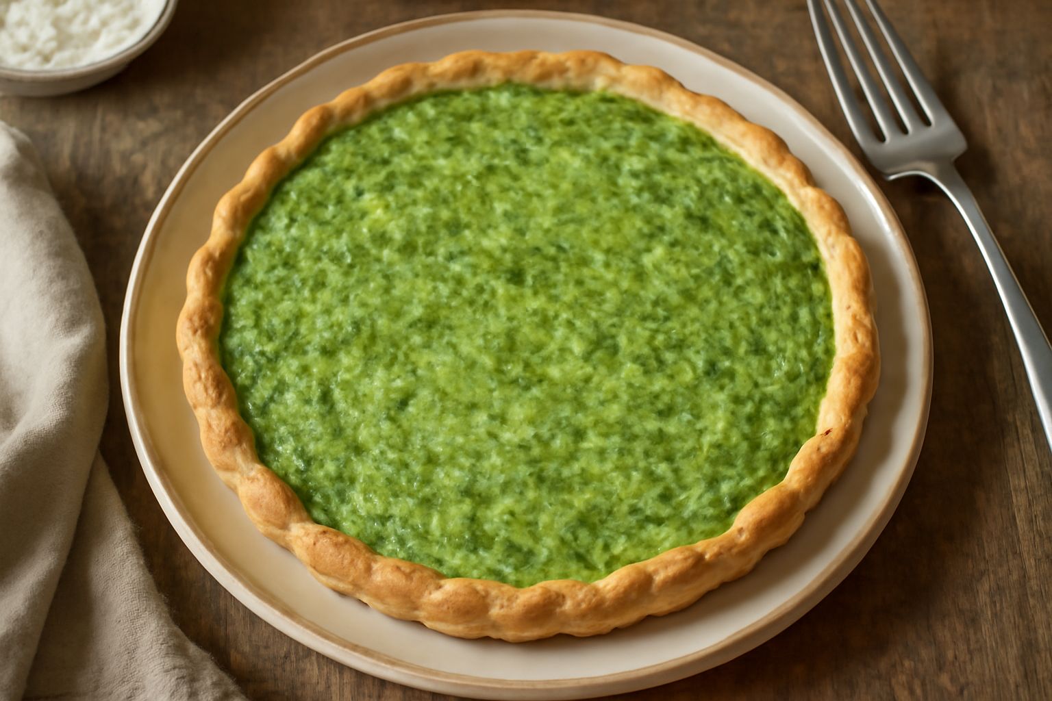 Torta di biete appena sfornata, di colore dorato con superficie parzialmente verdeggiante, porzione triangolare nel piatto bianco, rosmarino fresco come guarnizione