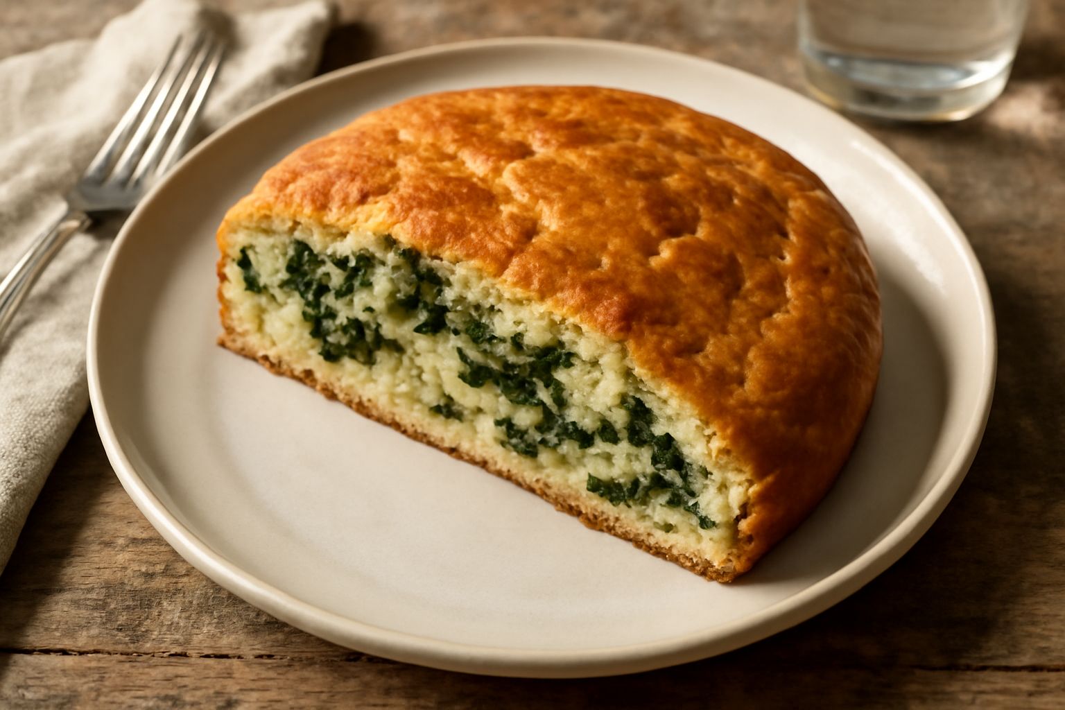 Torta di bietola dorata appena sfornata, tagliata a fette triangolari, con interno verde della bietola e formaggio filante, servita su un piatto bianco con insalata fresca accanto