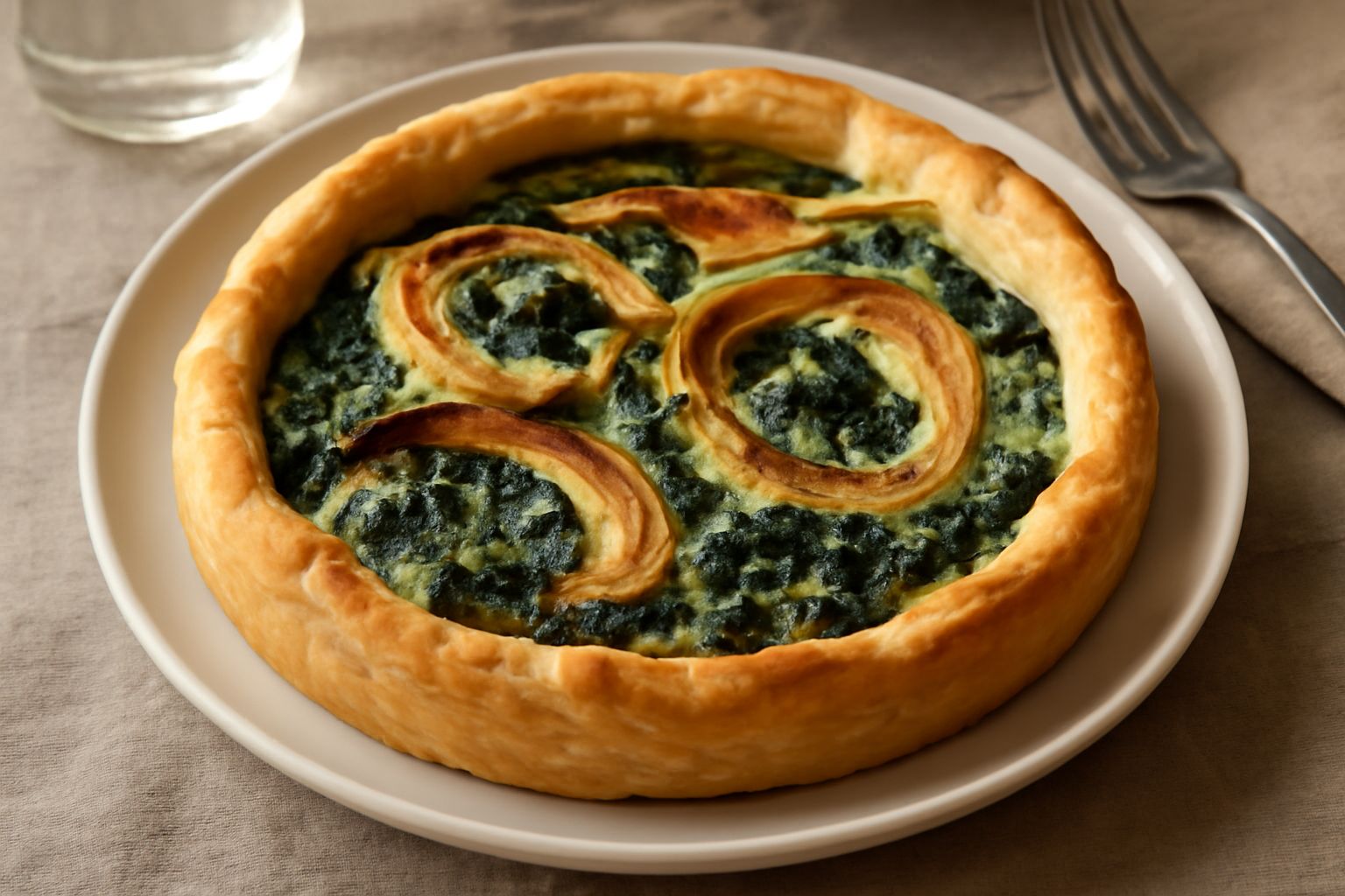 Torta salata rettangolare con sfoglia dorata e croccante, superficie visibilmente ripiena di bietola verde scuro e cipolla caramellata color ambra, tagliata in quadrati, servita su piatto bianco