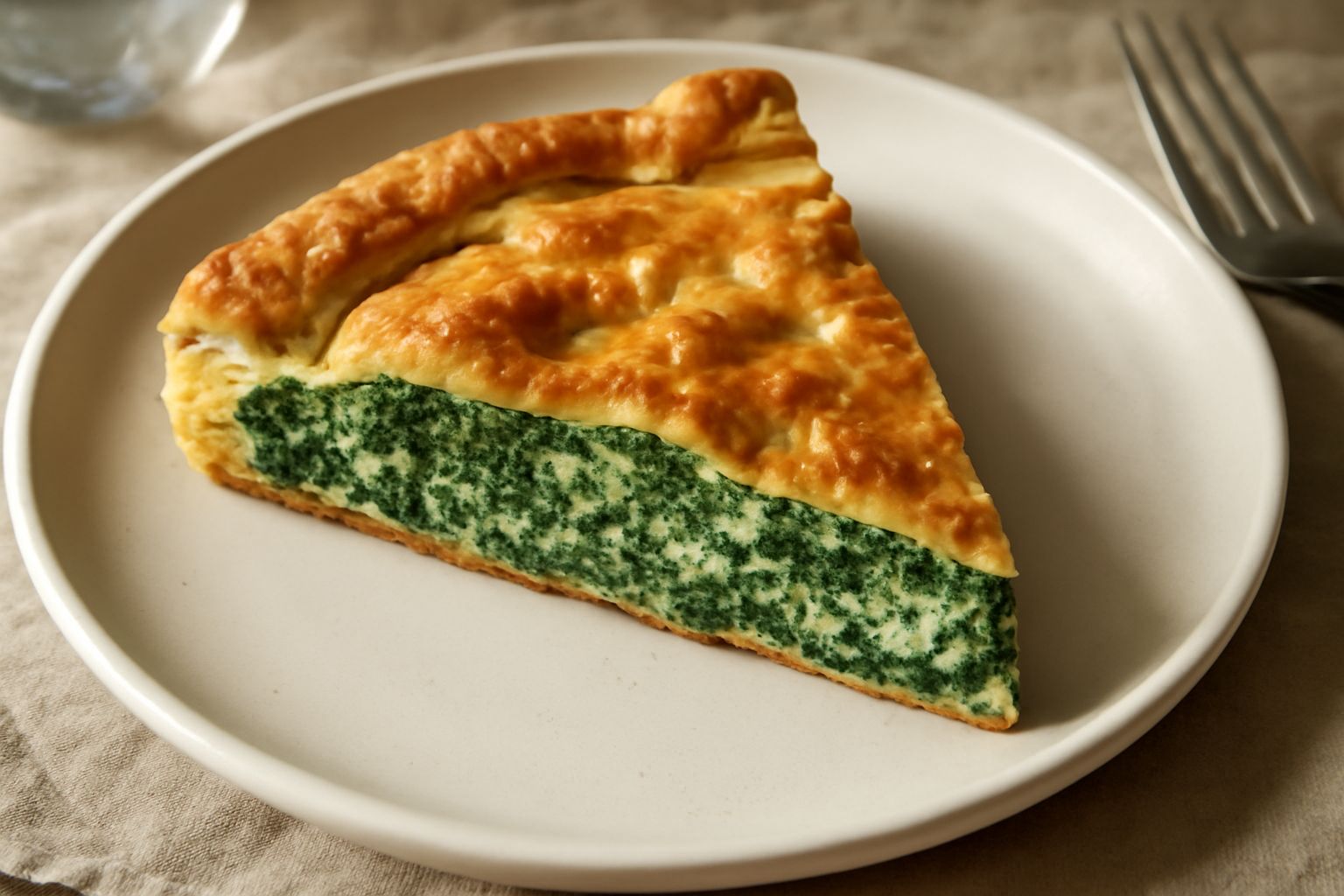 Torta di bietole appena sfornata con crosta dorata e rughe dorate, tagliata in quadrati nel piatto bianco, dentro ripieno verde scuro e cremoso di ricotta