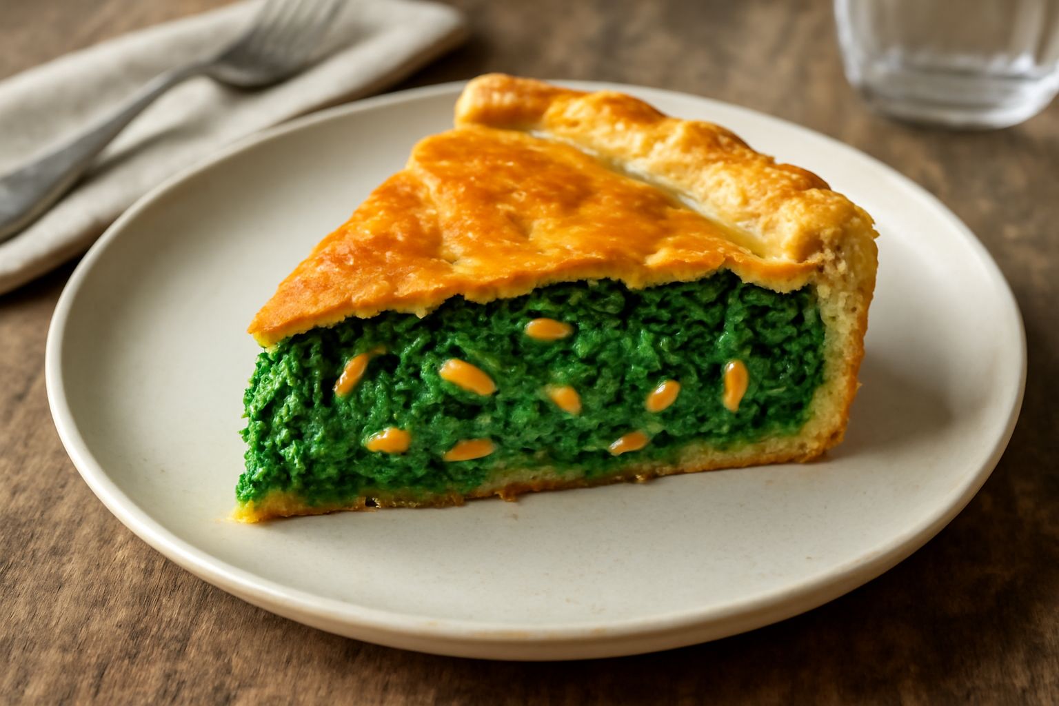 Torta di bietole e pinoli tagliata in fette, crosta dorata, ripieno verde brillante con pinoli visibili, servita su piatto bianco con contorno di insalata fresca