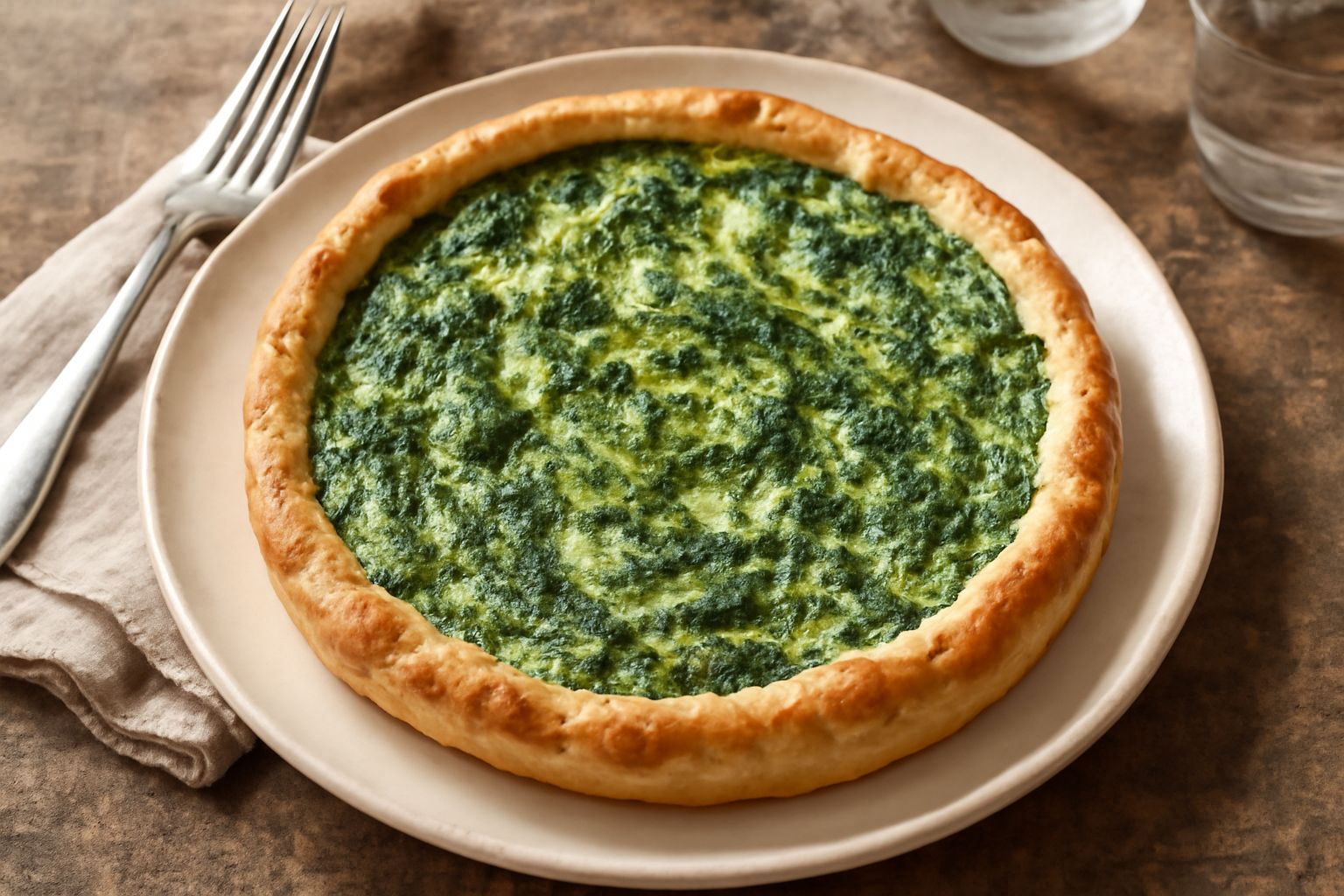 Torta di bietole e ricotta appena sfornata in una pirofila rotonda, con superficie dorata e leggermente gonfia, colore verde scuro delle bietole visibile sotto la copertura di ricotta cremosa, contorn